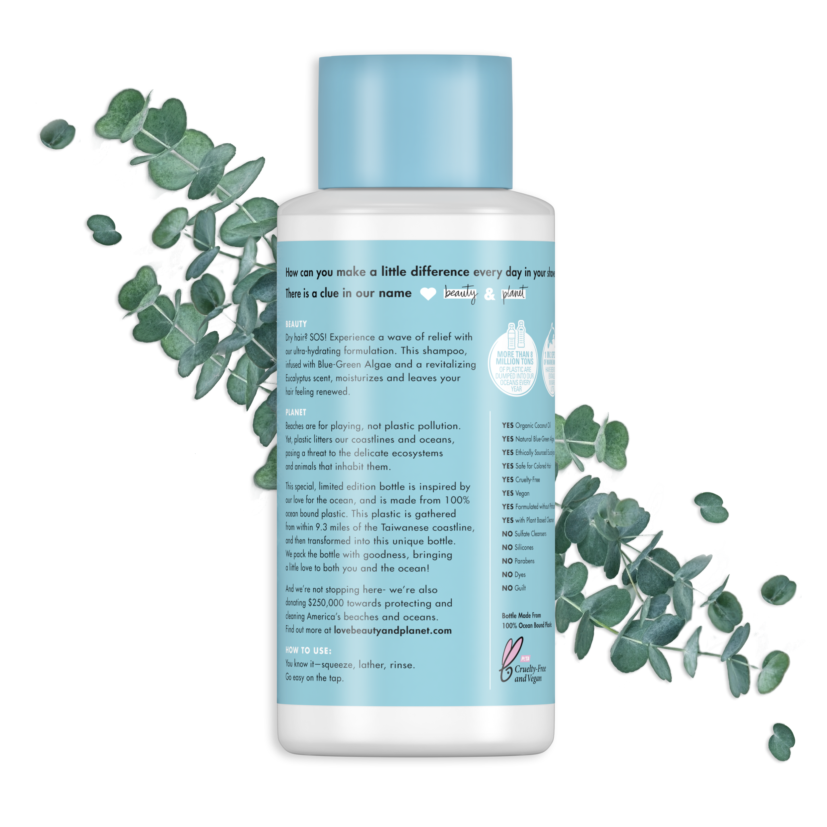 Back of shampoo pack Love Beauty Planet Sulfate-free Blue-Green Algae & Eucalyptus Shampoo Marine Moisture 13.5oz