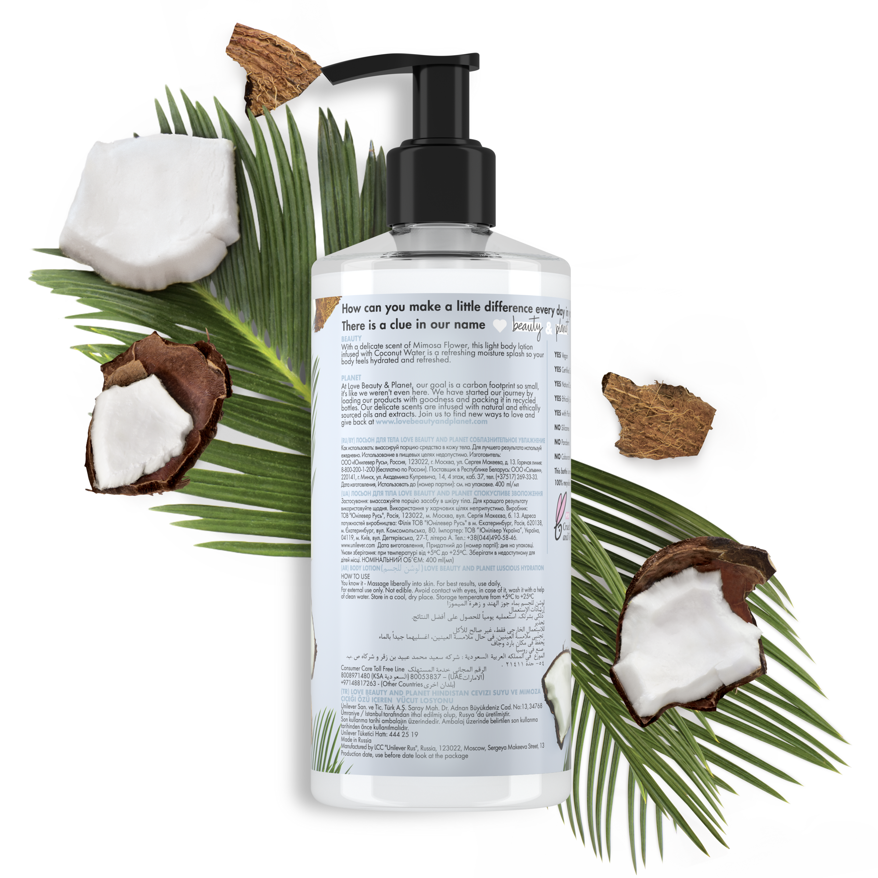 Back of body lotion pack Coconut Water & Mimosa Body Lotion Luscious Hydration 400ml