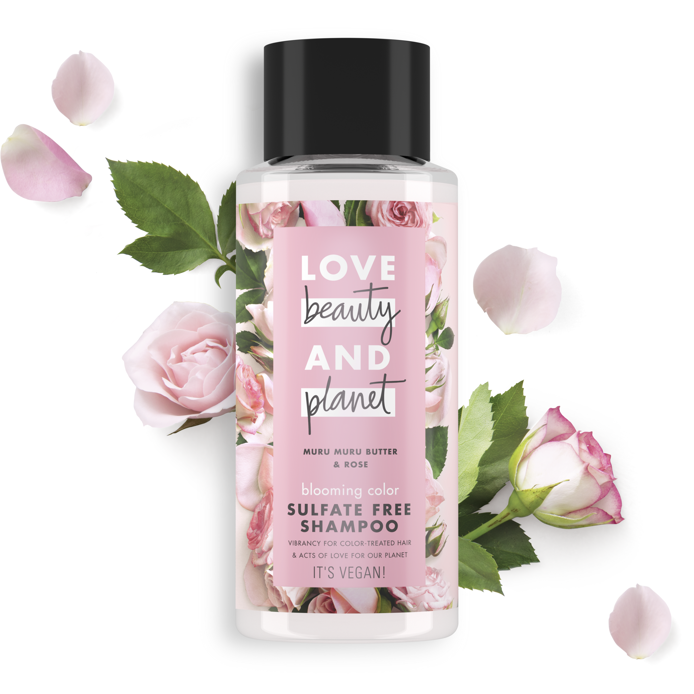 Front of shampoo pack Love Beauty Planet  Muru Muru Butter & Rose Shampoo Blooming Colour 400ml