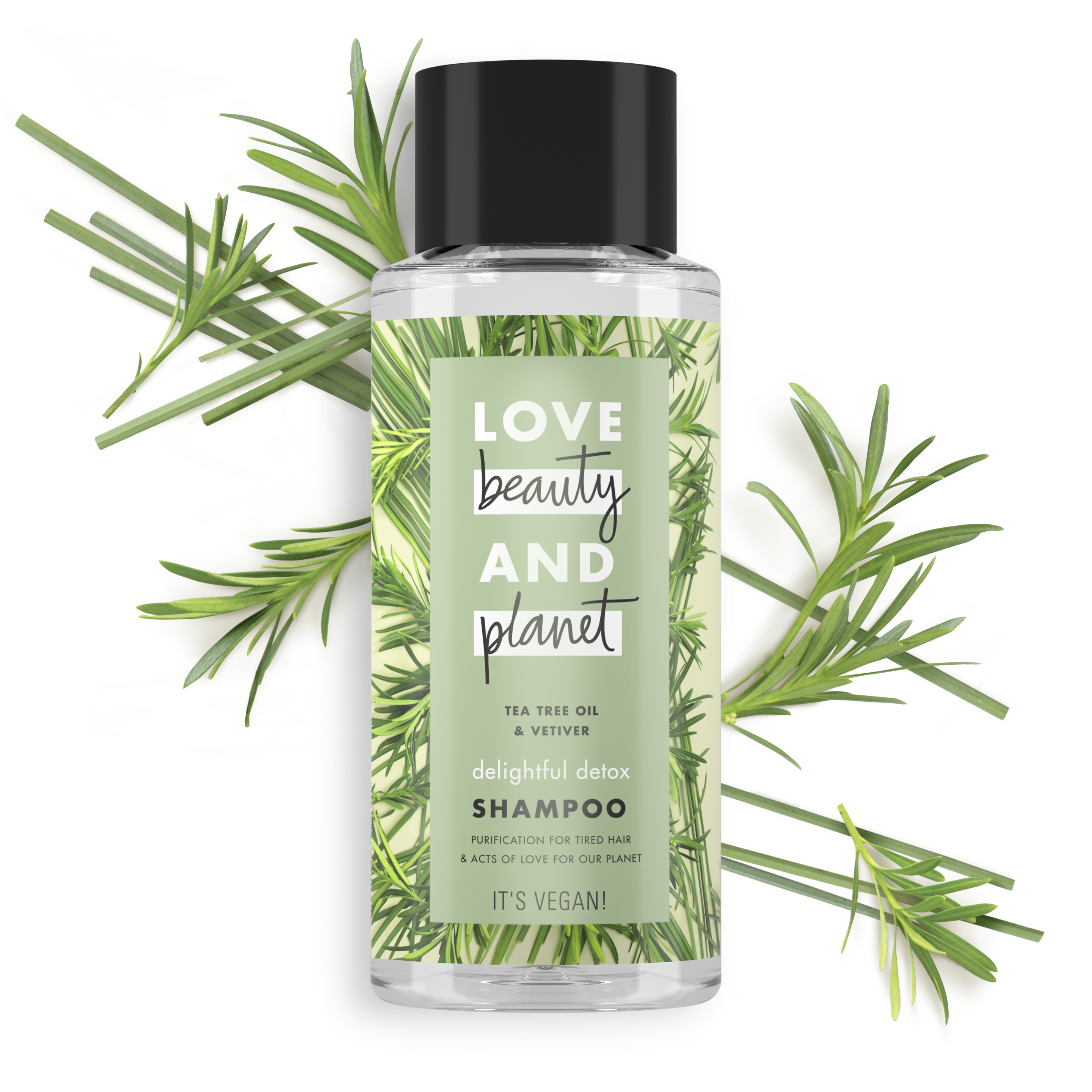 Front of shampoo pack Tea Tree Oil & Vetiver Shampoo Delightful Detox 400ml