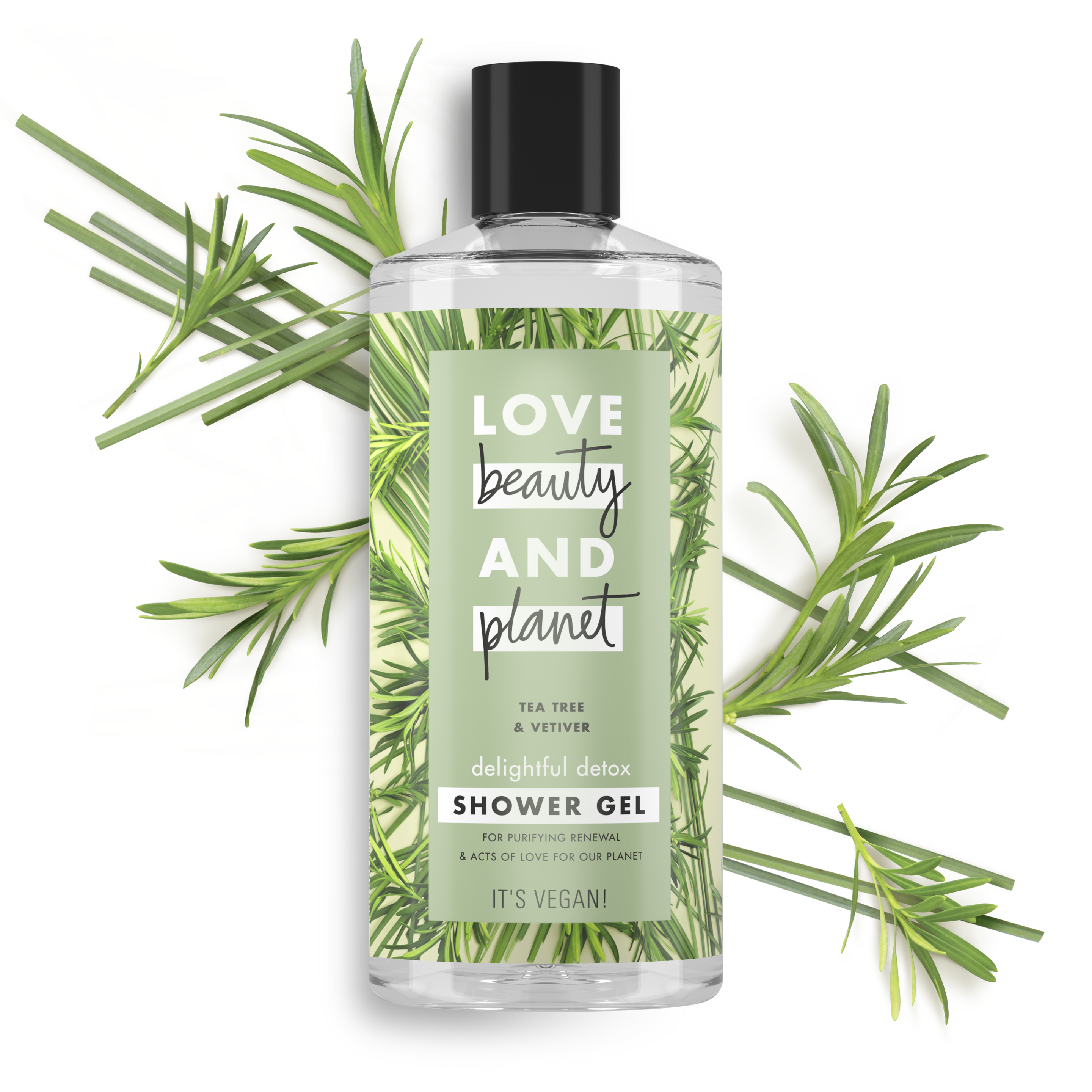 Front of body wash pack Love Beauty Planet Tea Tree Oil & Vetiver body wash Delightful Detox 500ml
