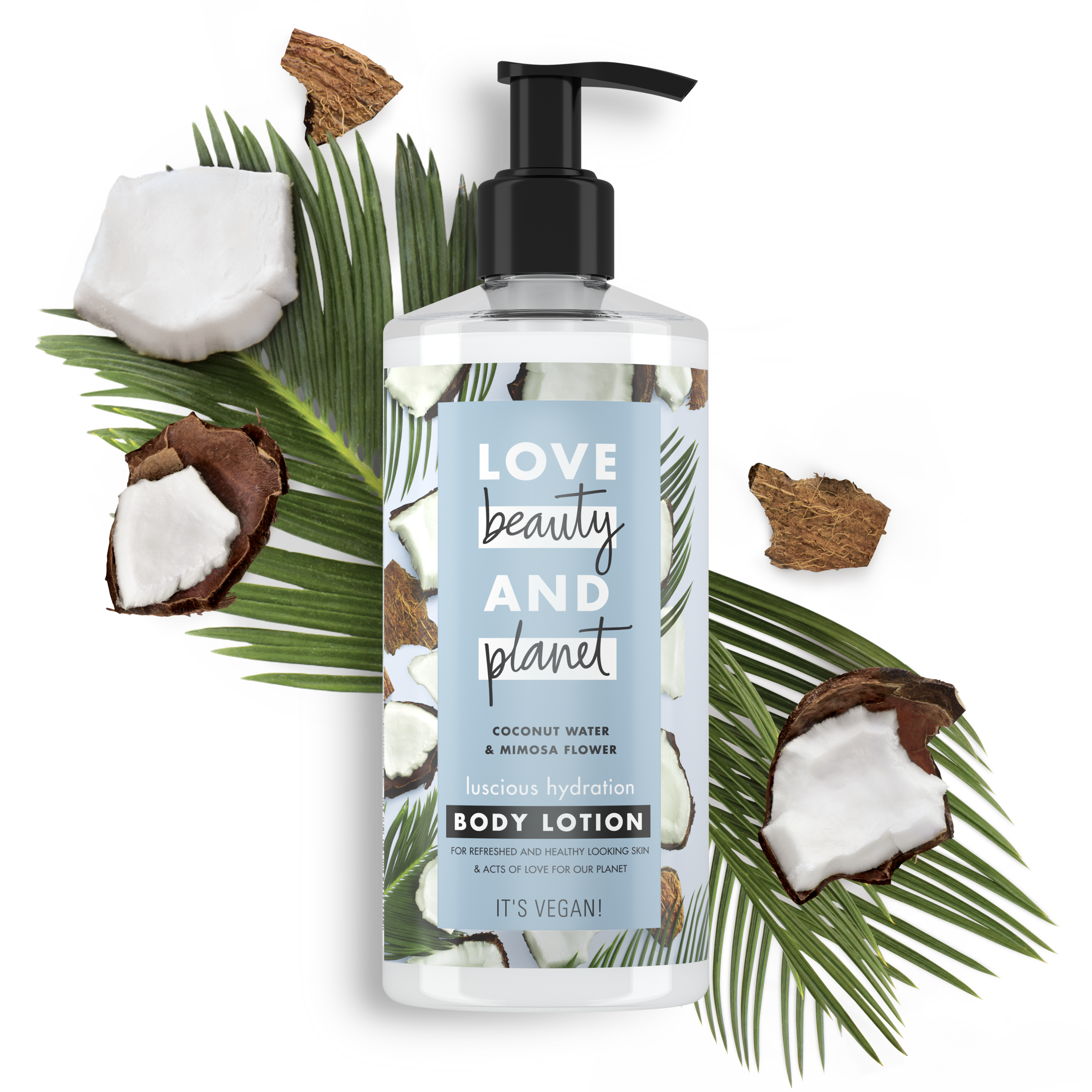 Front of body lotion pack Love Beauty Planet Coconut Water & Mimosa Body Lotion Luscious Hydration 400ml