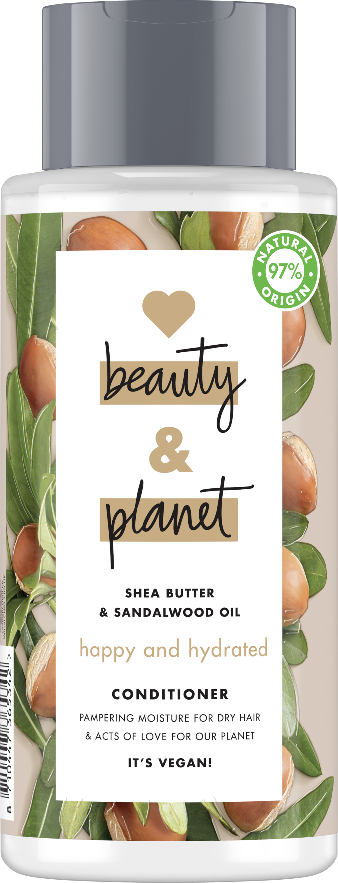 Voorkant conditionerverpakking Love Beauty Planet sheaboter & sandelhout conditioner gelukkig & gehydrateerd 400 ml