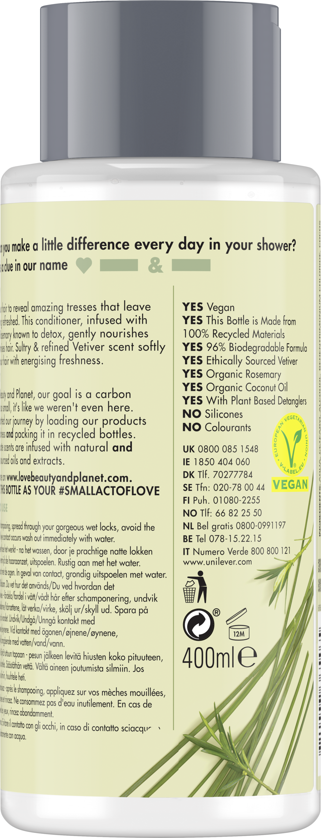 Voorkant conditionerverpakking Love Beauty Planet rozemarijn & vetiver conditioner heerlijke detox 400 ml