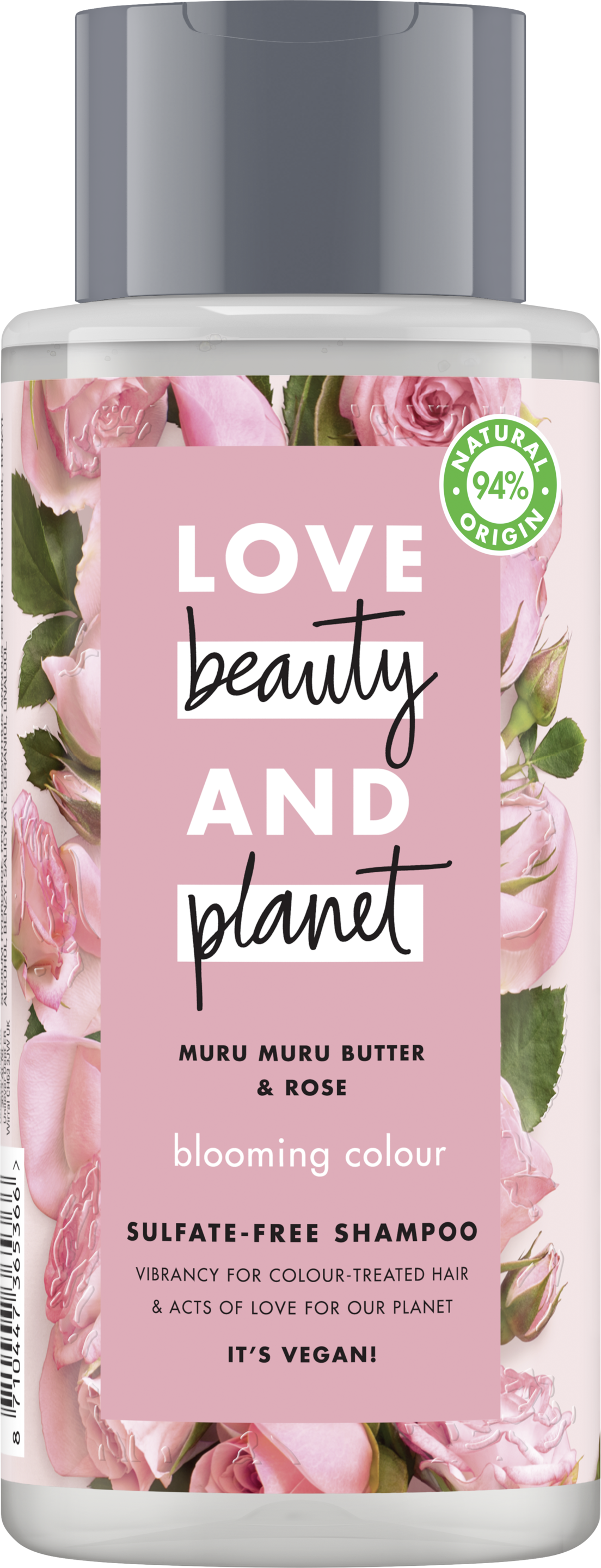 Voorkant shampooverpakking Love Beauty Planet  muru muru-boter & roos shampoo bloeiende kleur 400 ml Text