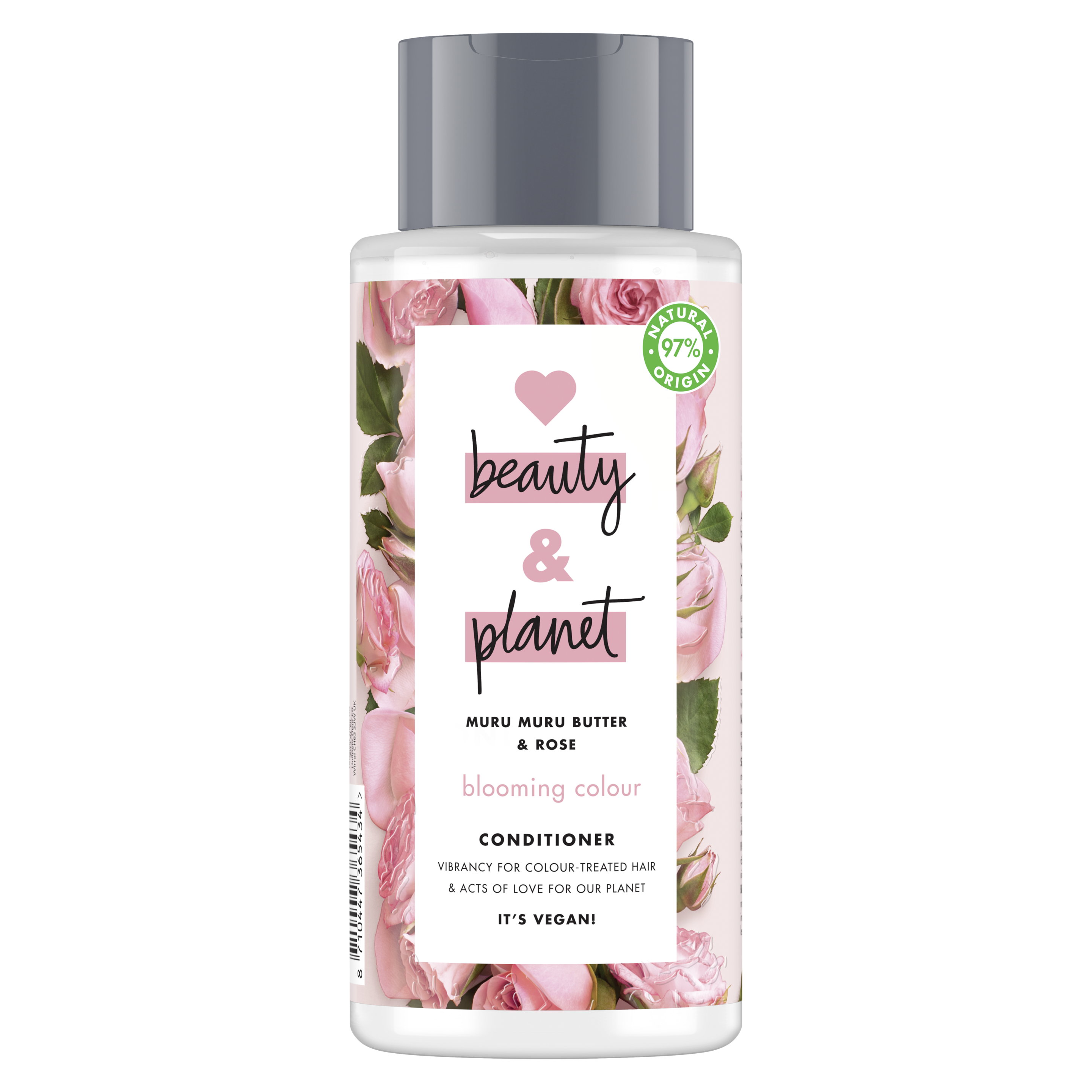 Hoitoainepakkauksen etuosa Love Beauty Planet Murumuru-voi ja ruusu -hoitoaine Blooming Colour 400 ml