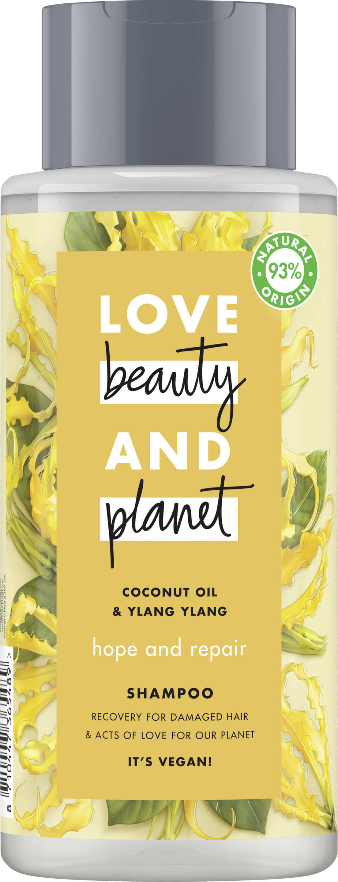Voorkant shampooverpakking Love Beauty Planet kokosolie & ylang-ylang shampoo hoop & herstel 400 ml