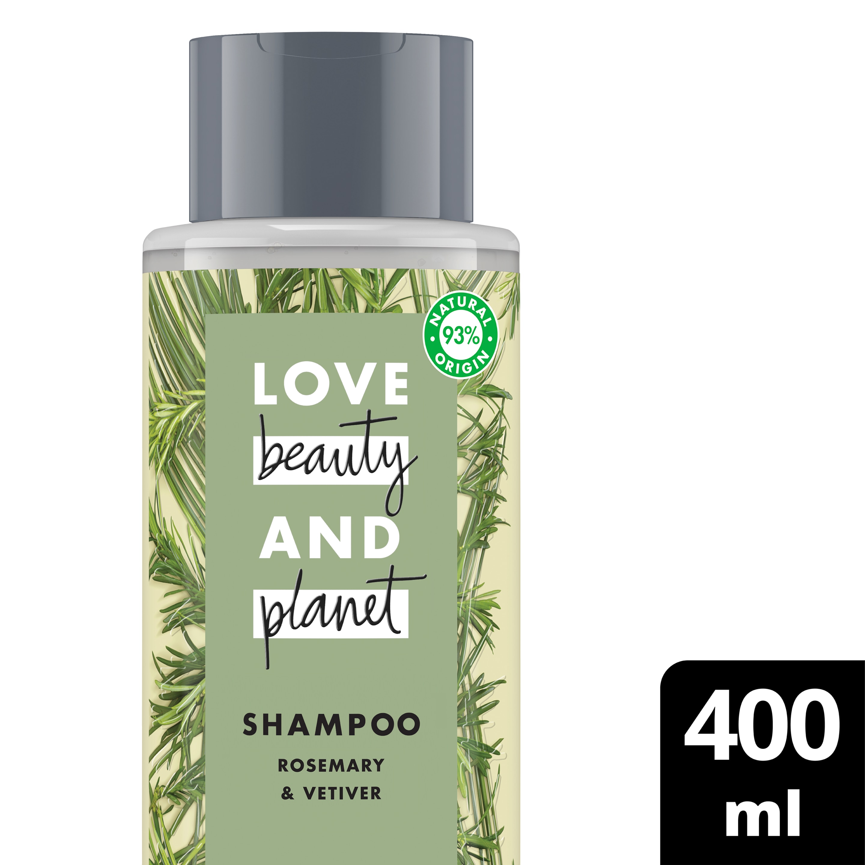 Voorkant shampooverpakking Love Beauty Planet rozemarijn & vetiver shampoo heerlijke detox 400 ml