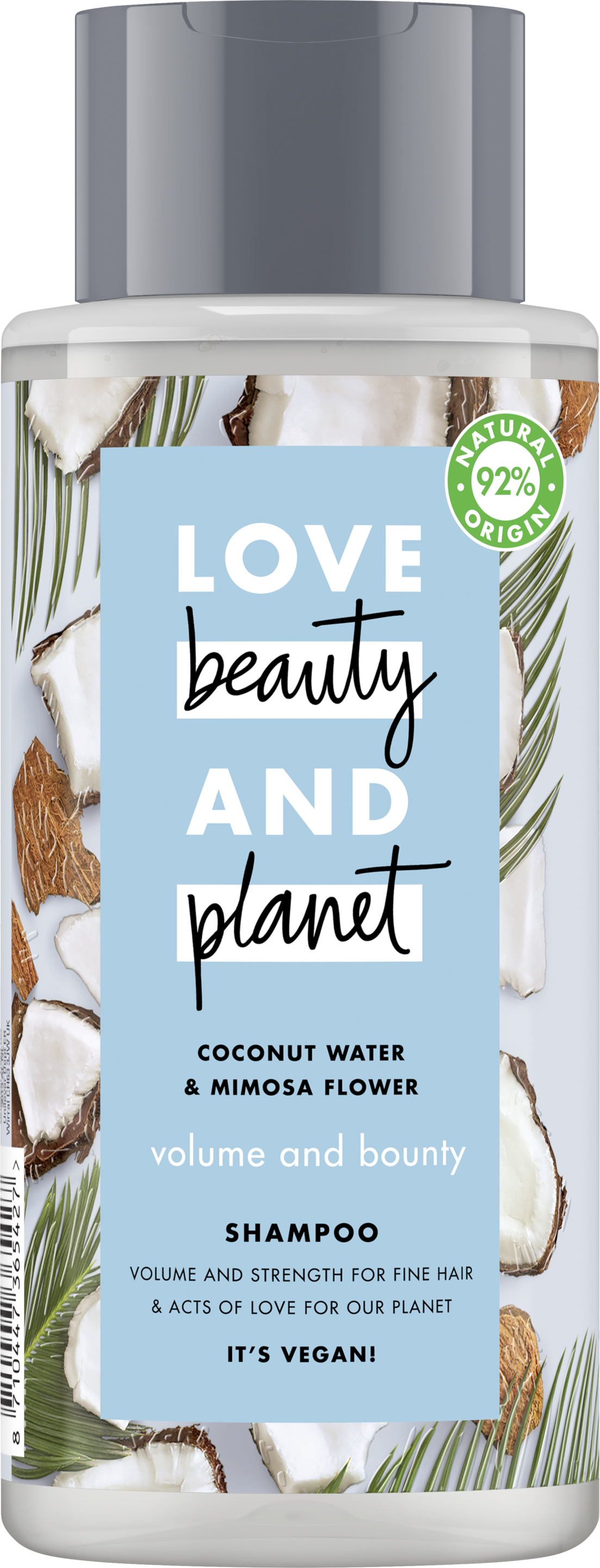 Shampoopakkauksen etuosa Love Beauty Planet Kookosvesi ja mimosankukka -shampoo Volume and Bounty 400 ml