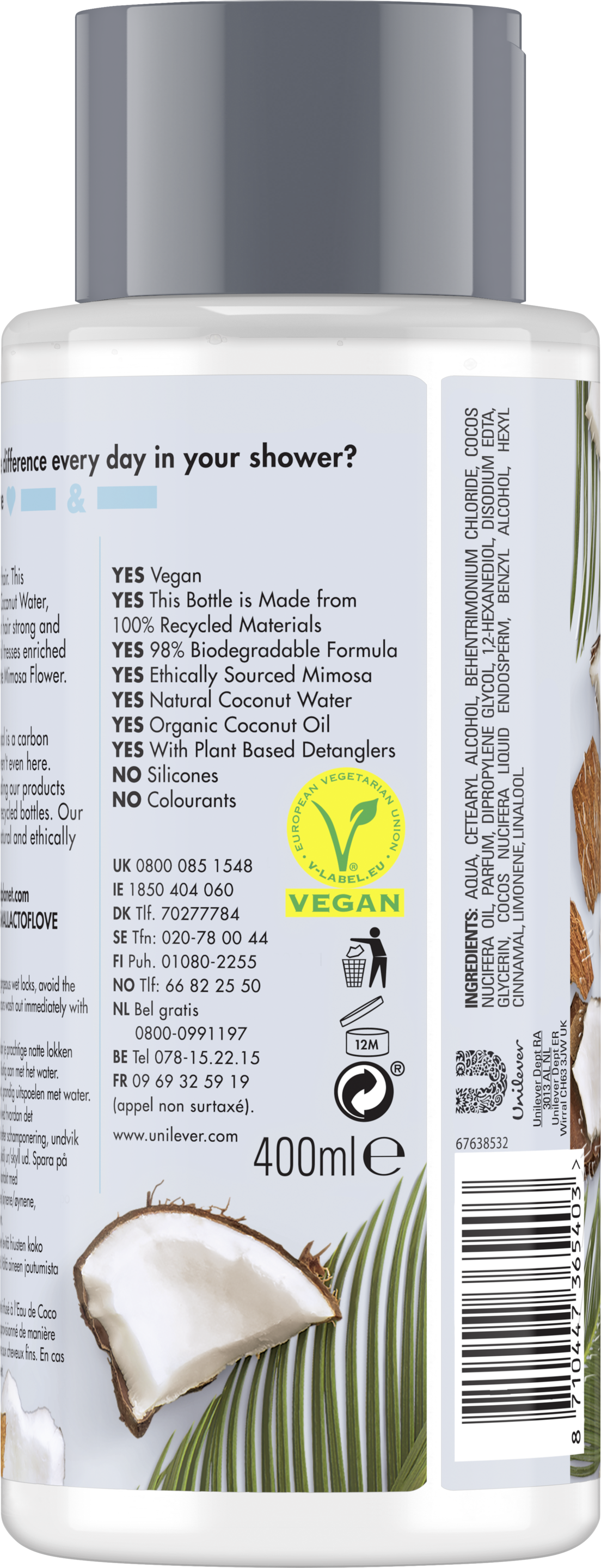 Baksiden av balsamflasken Love Beauty Planet Coconut Water & Mimosa Flower Conditioner  Volume & Bounty 400ml
