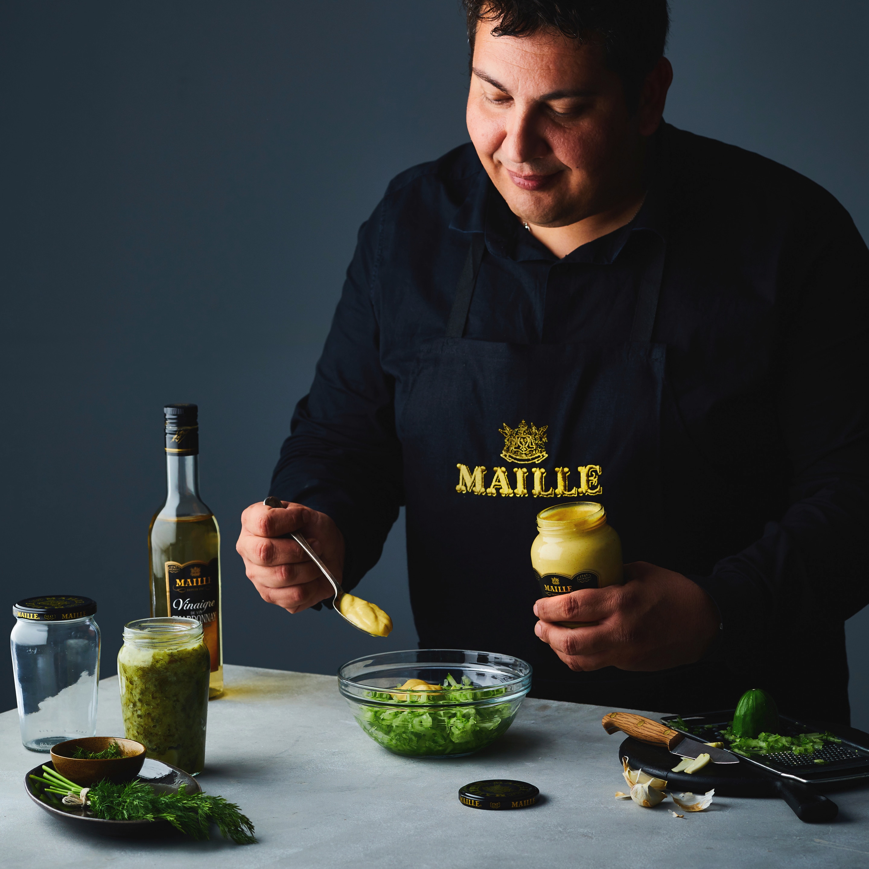 Cucumber Preserve with Maille Dijon mustard and white wine vinegar
