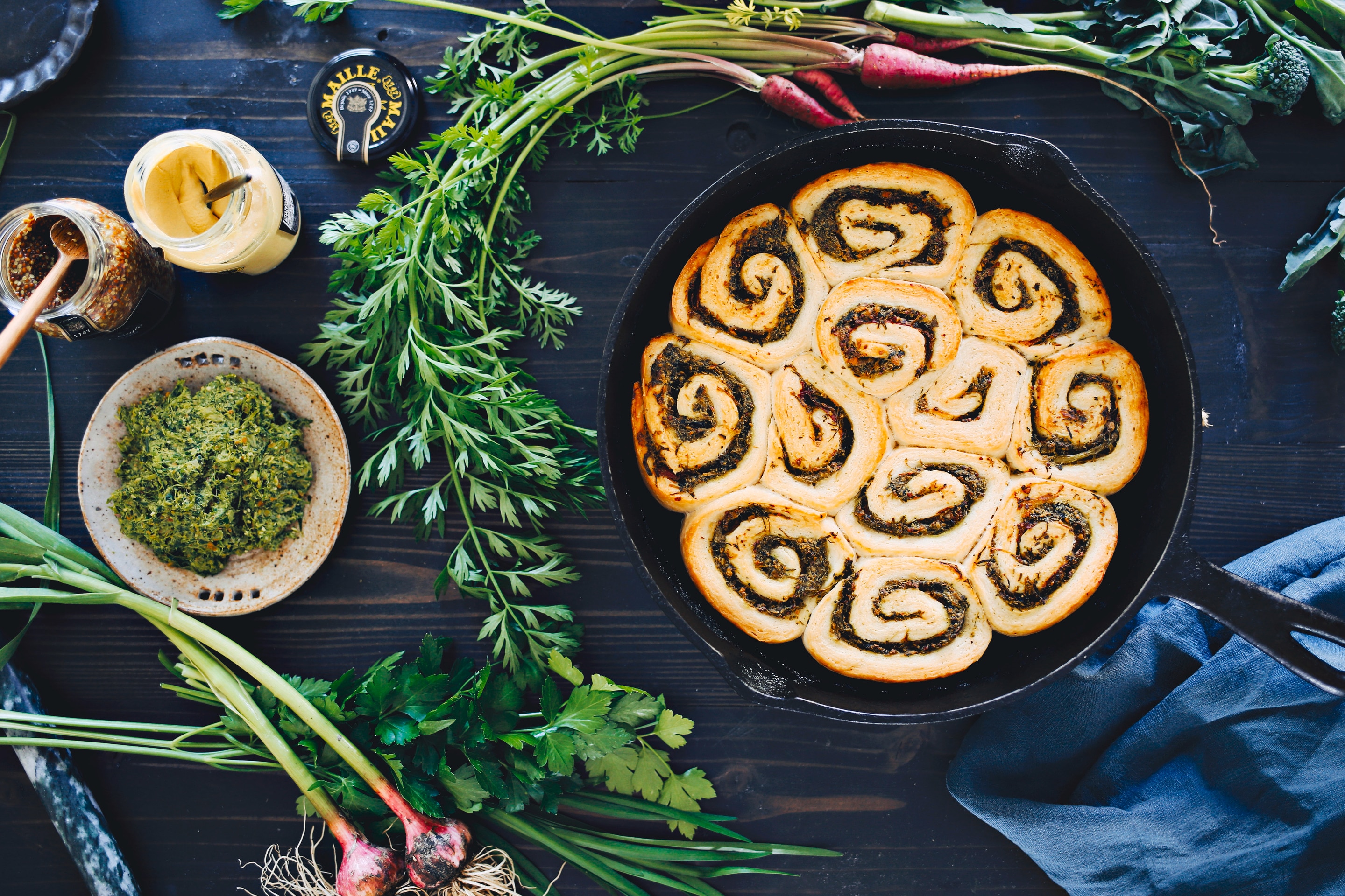 Carrot Top &amp; Green Garlic Pesto Spiral Rolls With Prosciutto &amp; Broccolini