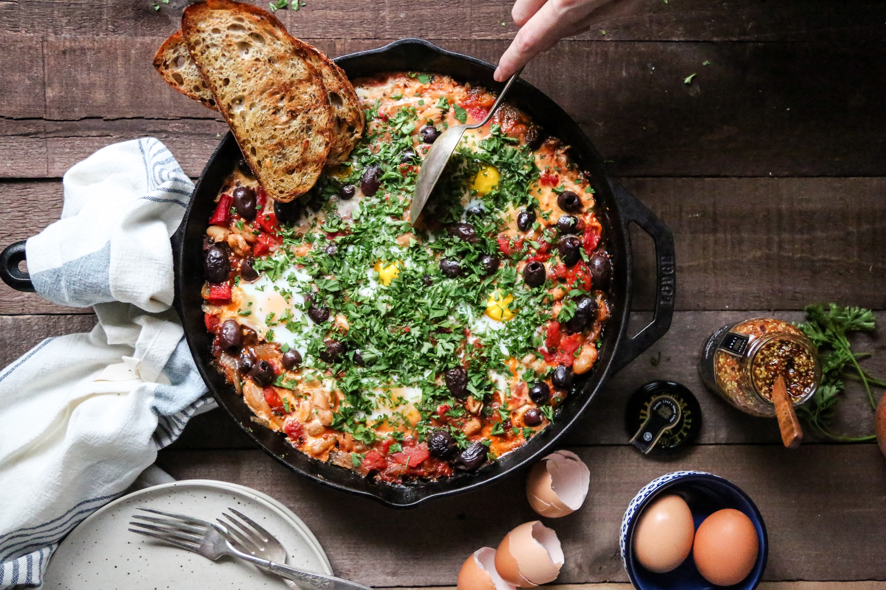 Roasted Red Pepper, Olive + White Bean Shakshuka