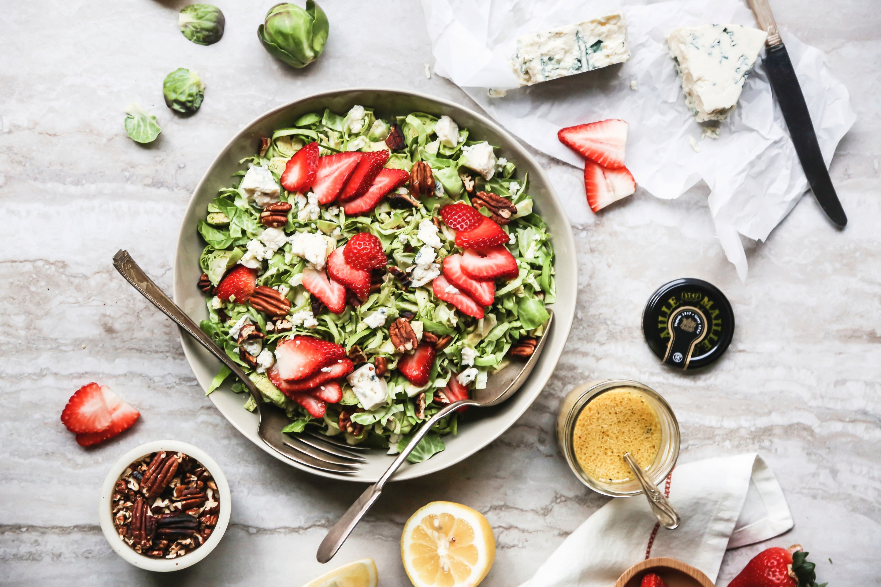 Maille Brussel Sprouts Salad with Strawberries, Gorgonzola &amp; Toasted Pecans &amp; Lemon Dijon Vinaigrette