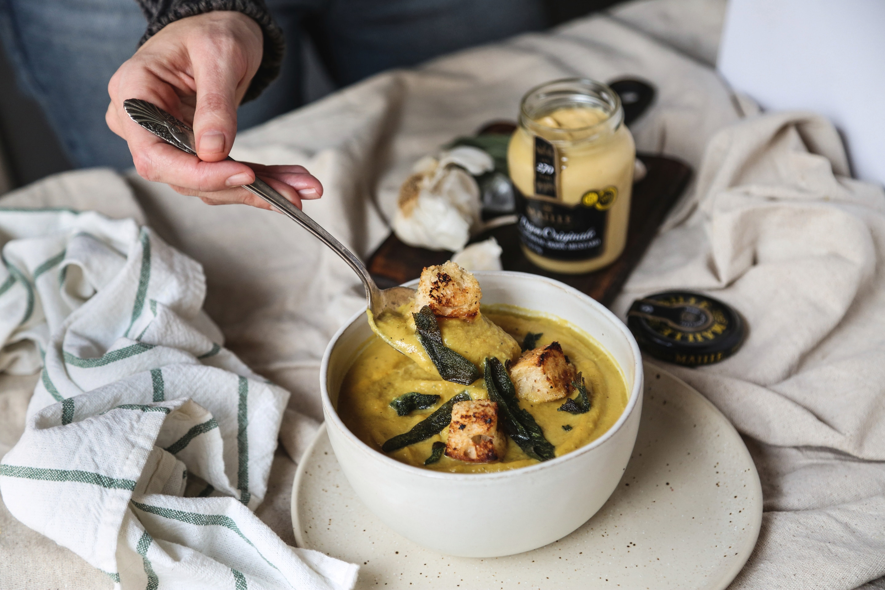 Cauliflower Soup with Crispy Sage & Croutons