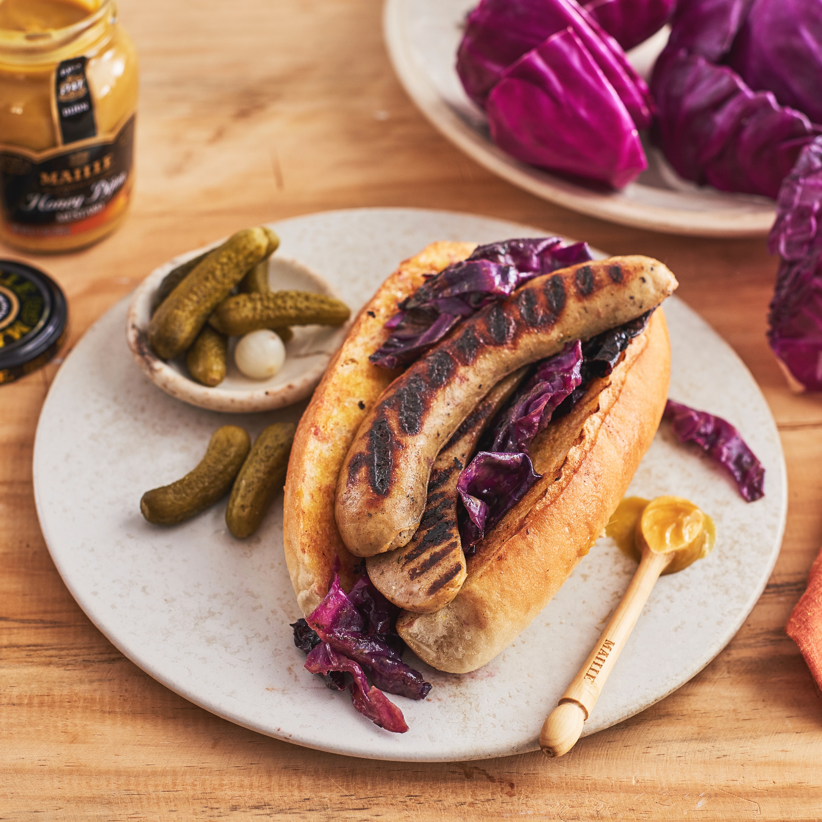Grilled Red Cabbage and Bratwurst Sandwiches