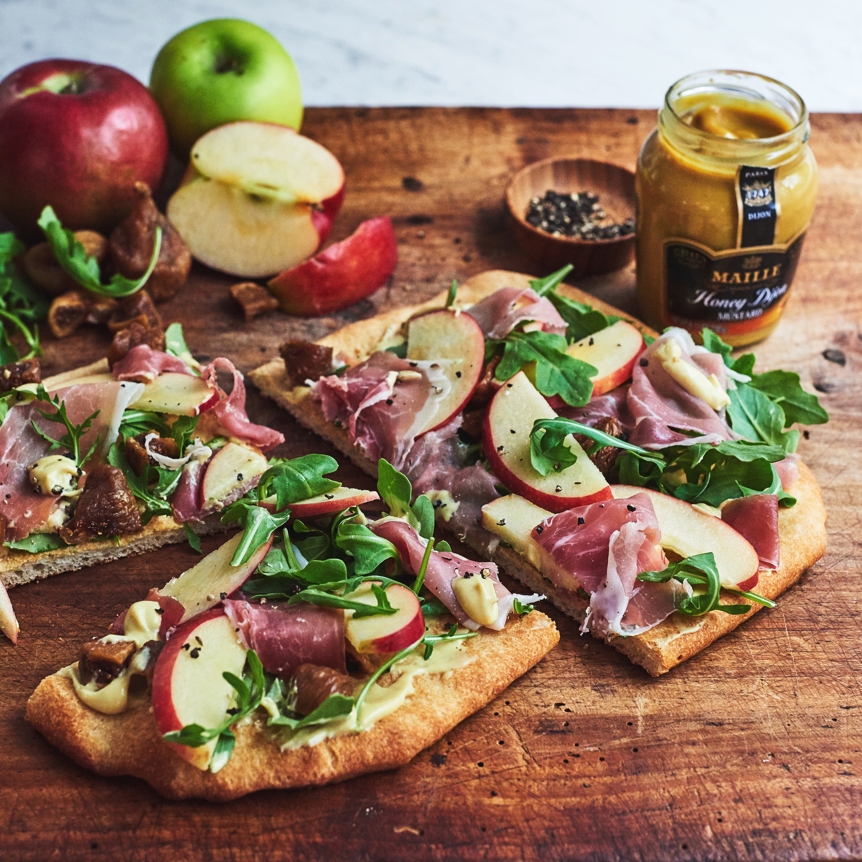 Honey Mustard Flatbread with Apple, Figs & Proscuitto
