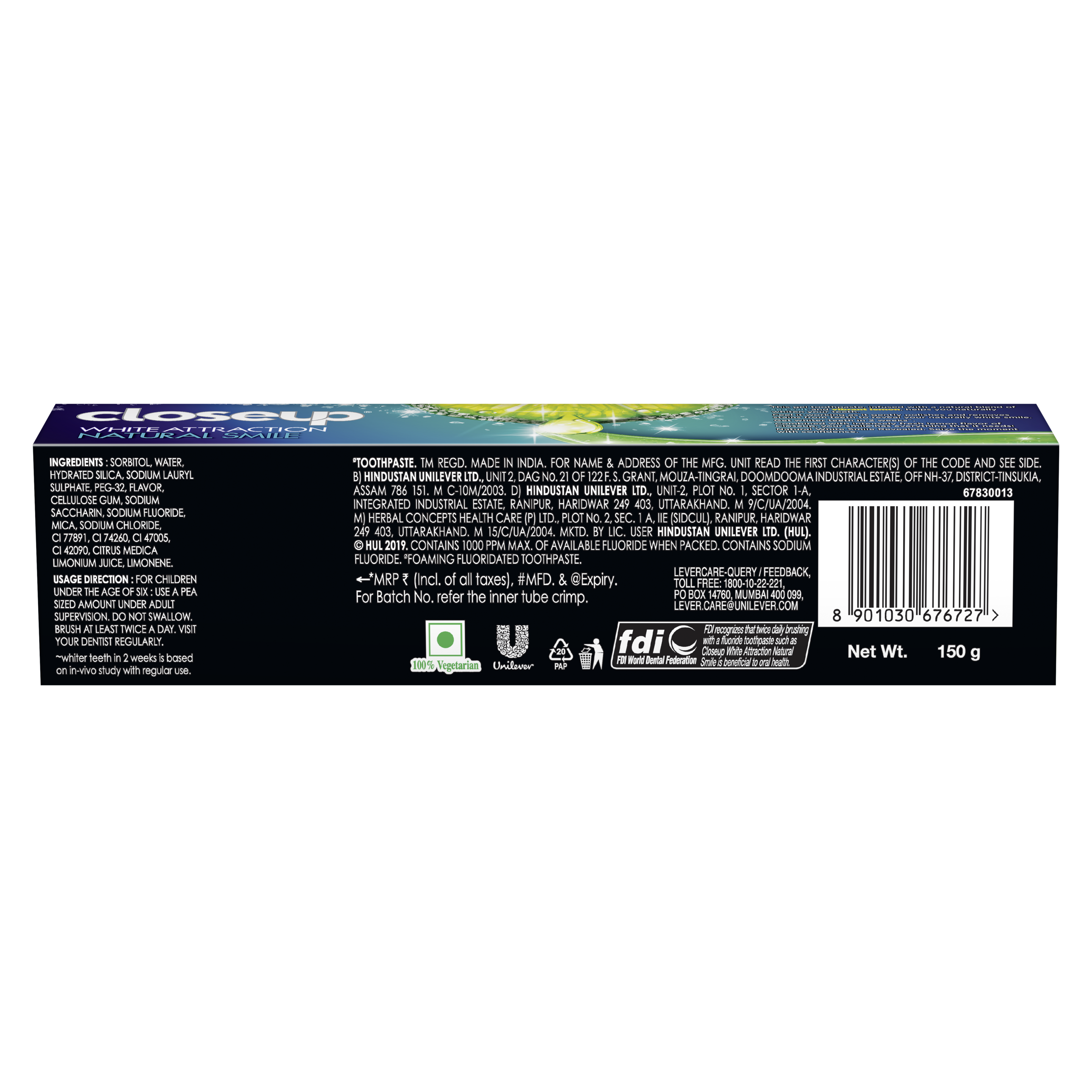 Closeup White Attraction Natural Smile Toothpaste 150g back of pack