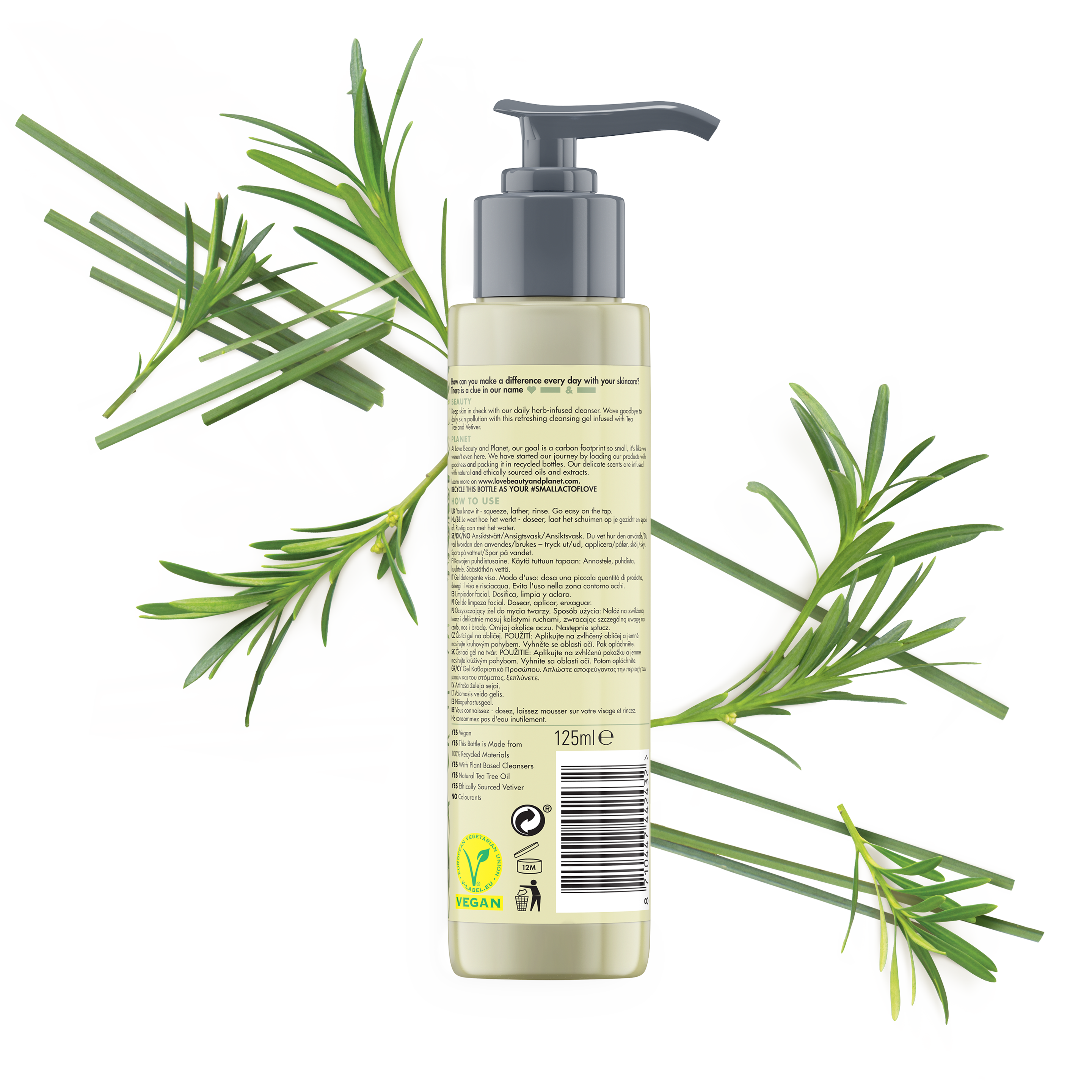 Back of face cleansing gel pack Love Beauty Planet Tea Tree Oil & Vetiver Face Cleansing Gel Invigorating Detox 125ml