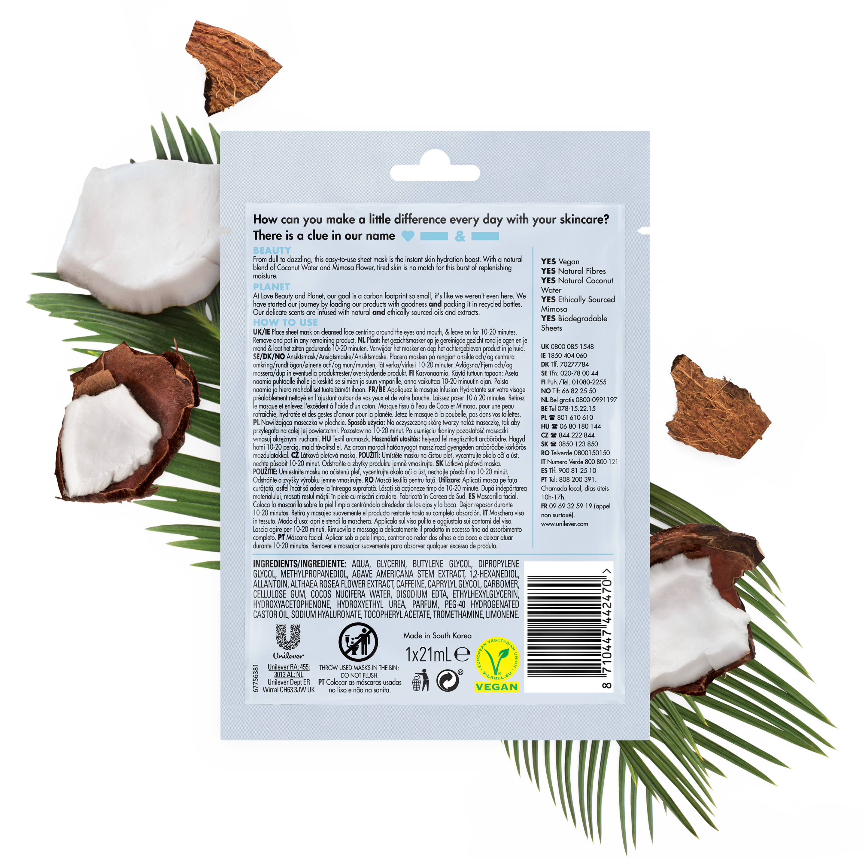 Back of sheet mask pack  Love Beauty and Planet Coconut Water & Mimosa Sheet Mask 21ml