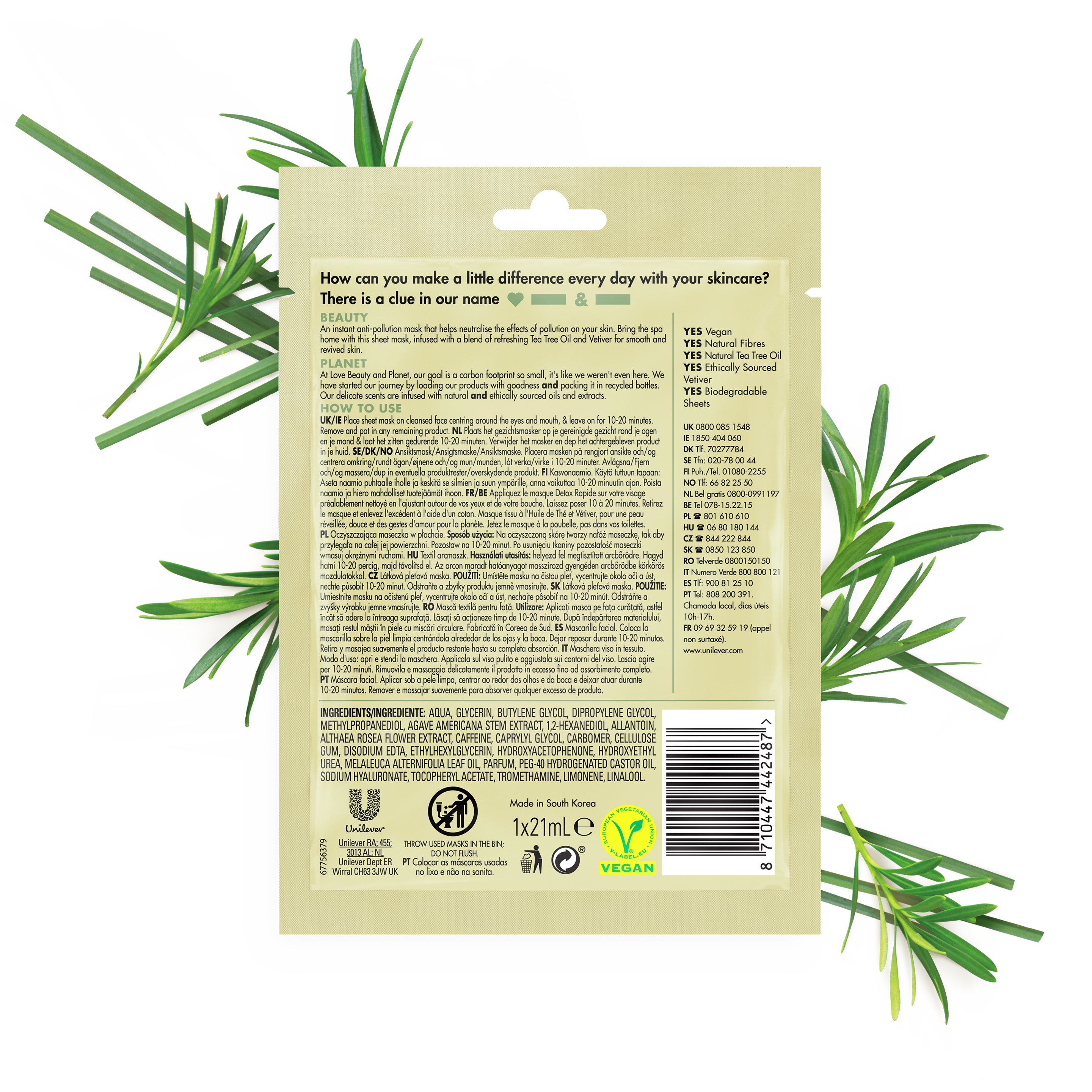 Back of sheet mask pack Love Beauty Planet Tea Tree Oil & Vetiver Sheet Mask Rapid Reset 21ml
