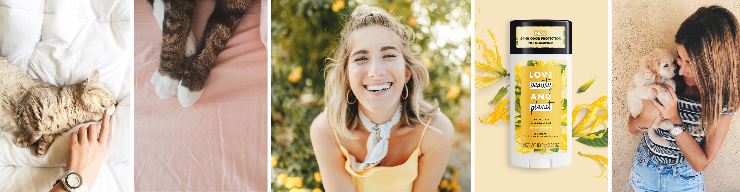 Benefits of Vegan Deodorant: Header Image Featuring Woman Smiling and Love Beauty and Planet Vegan Deodorant Ylang Ylang