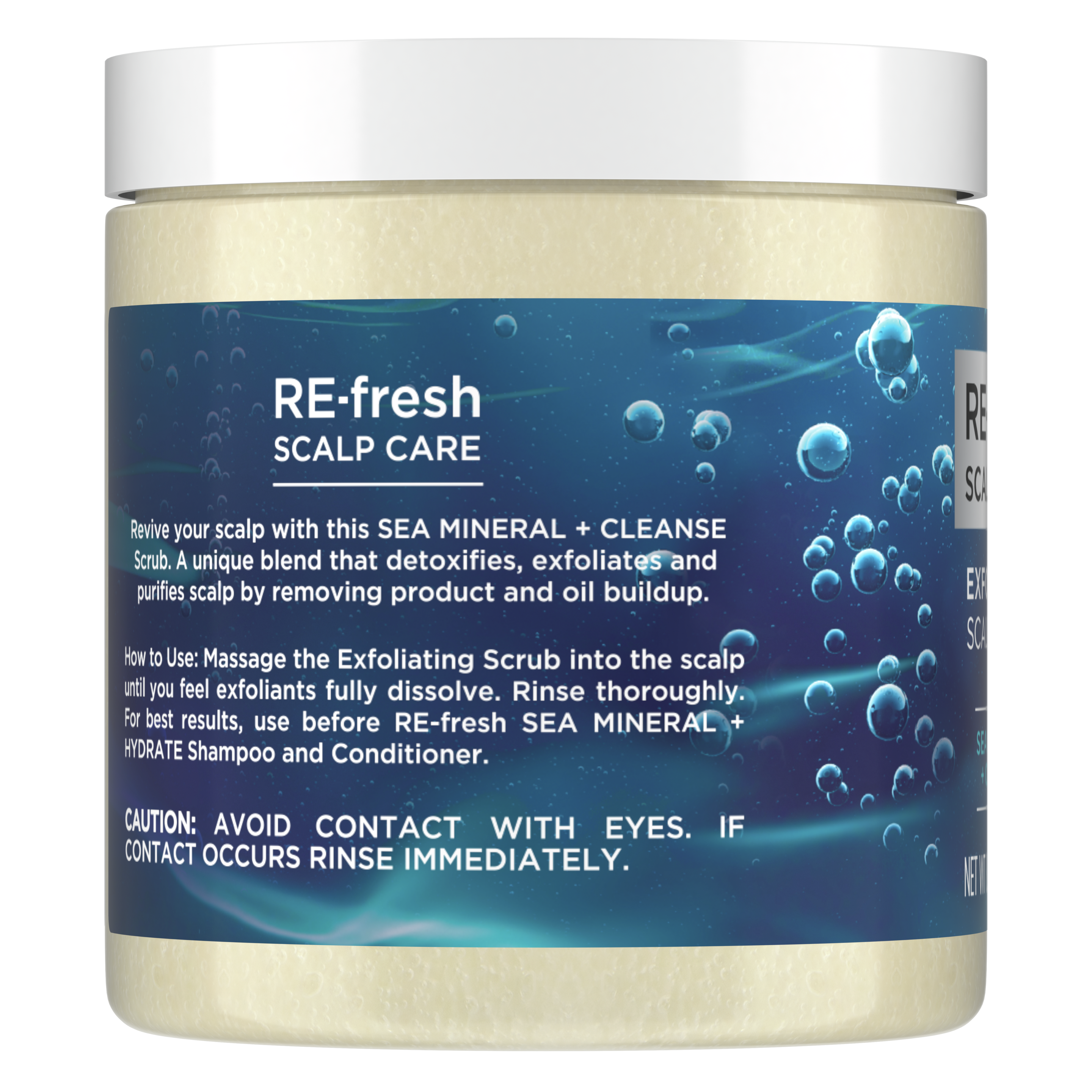 Back of treatment pack RE-fresh Sea Mineral + Cleanse Scalp Scrub