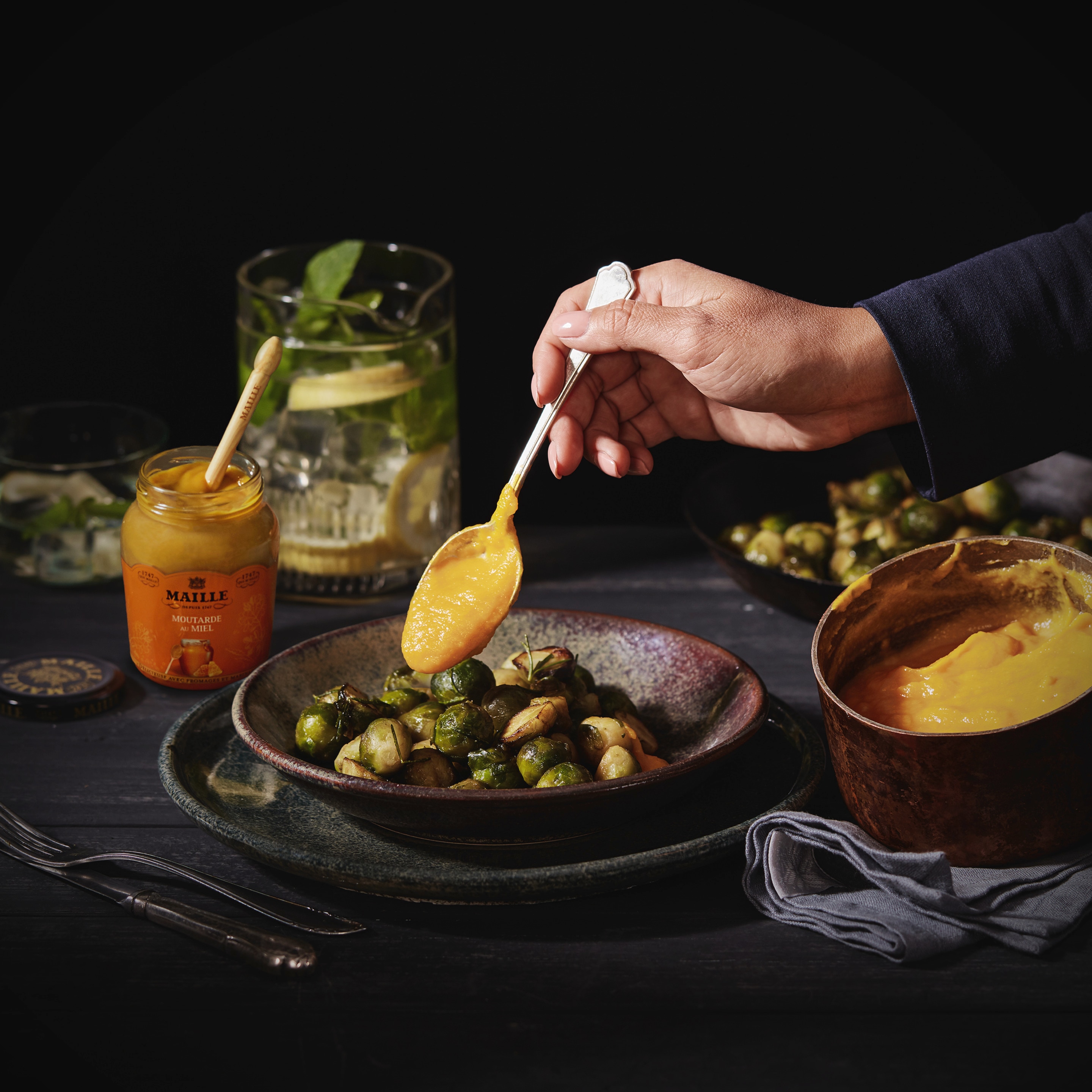 Maille Carrot Sauce Glazed Brussels Sprouts