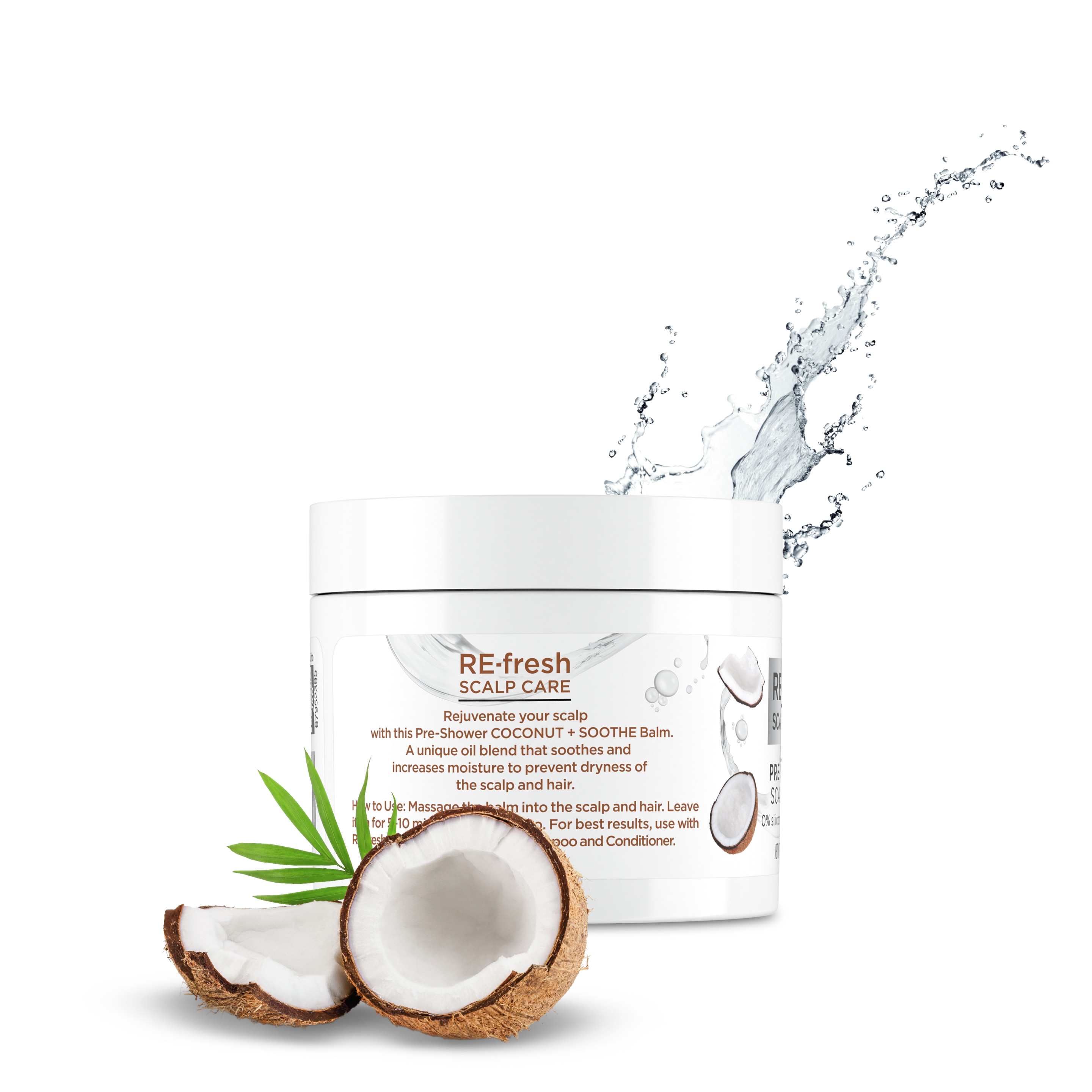Back of treatment pack RE-fresh Coconut + Soothe Pre-Shower Scalp Balm