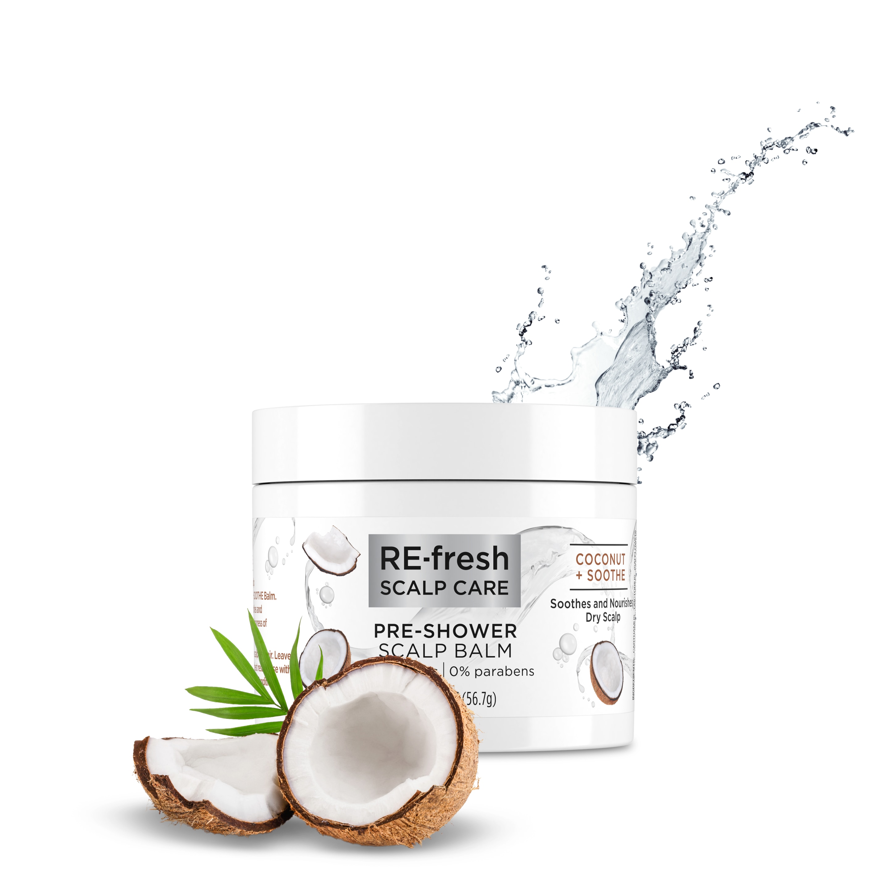 Front of treatment pack RE-fresh Coconut + Soothe Pre-Shower Scalp Balm