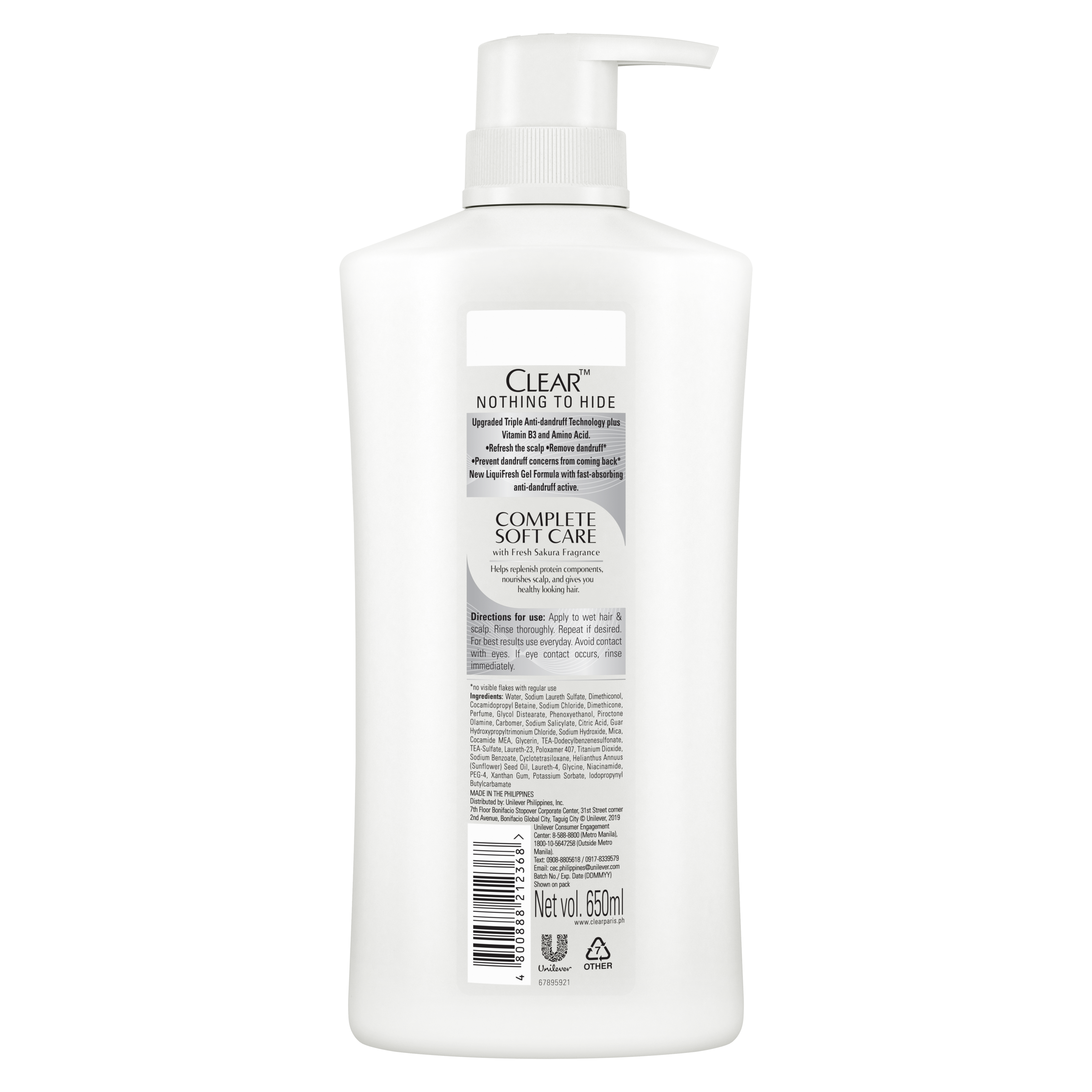 Back of shampoo pack  Clear Complete Soft Care Anti dandruff Shampoo 650ml Text