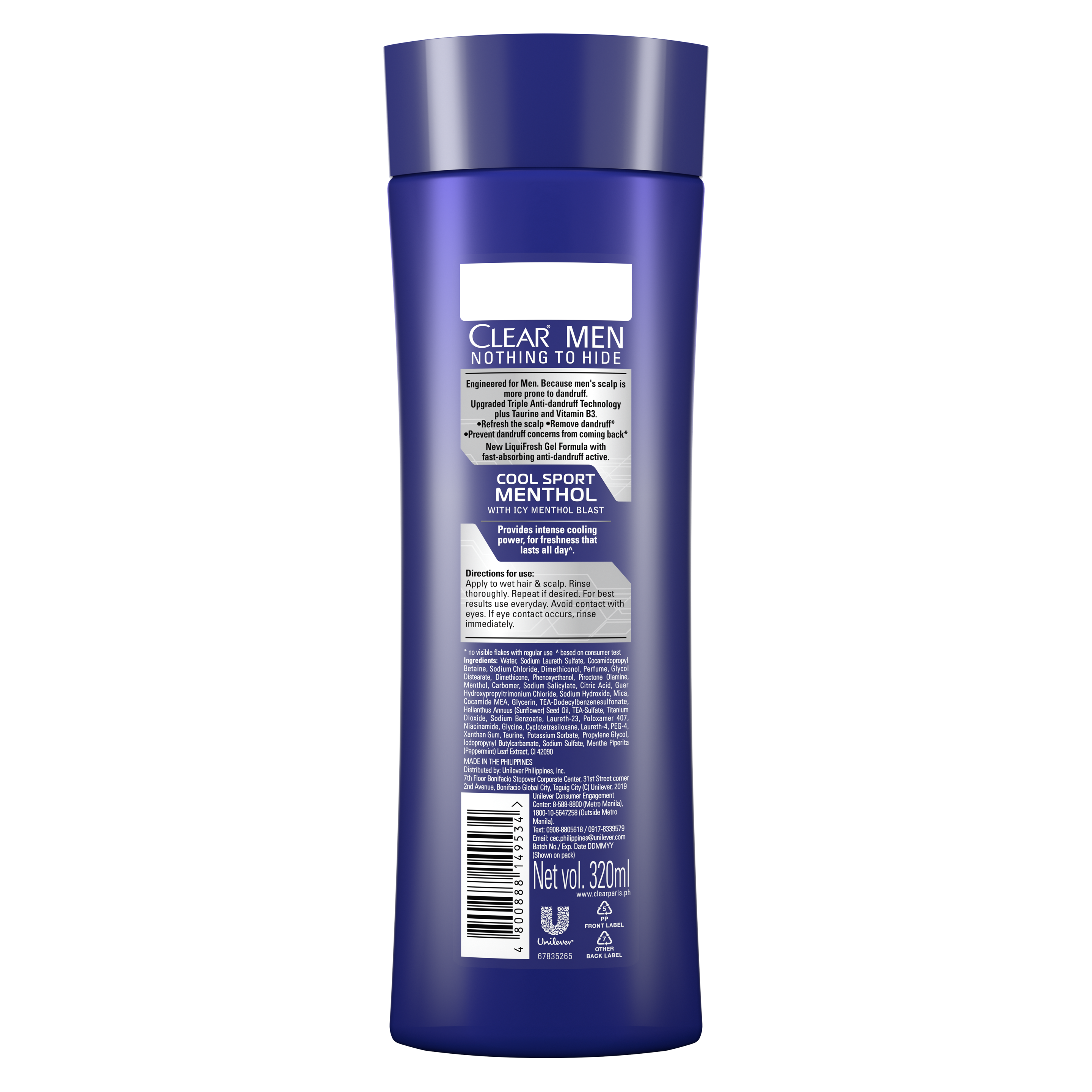 Back of shampoo pack Clear Cool Sport Menthol Anti dandruff Shampoo 320ml Text