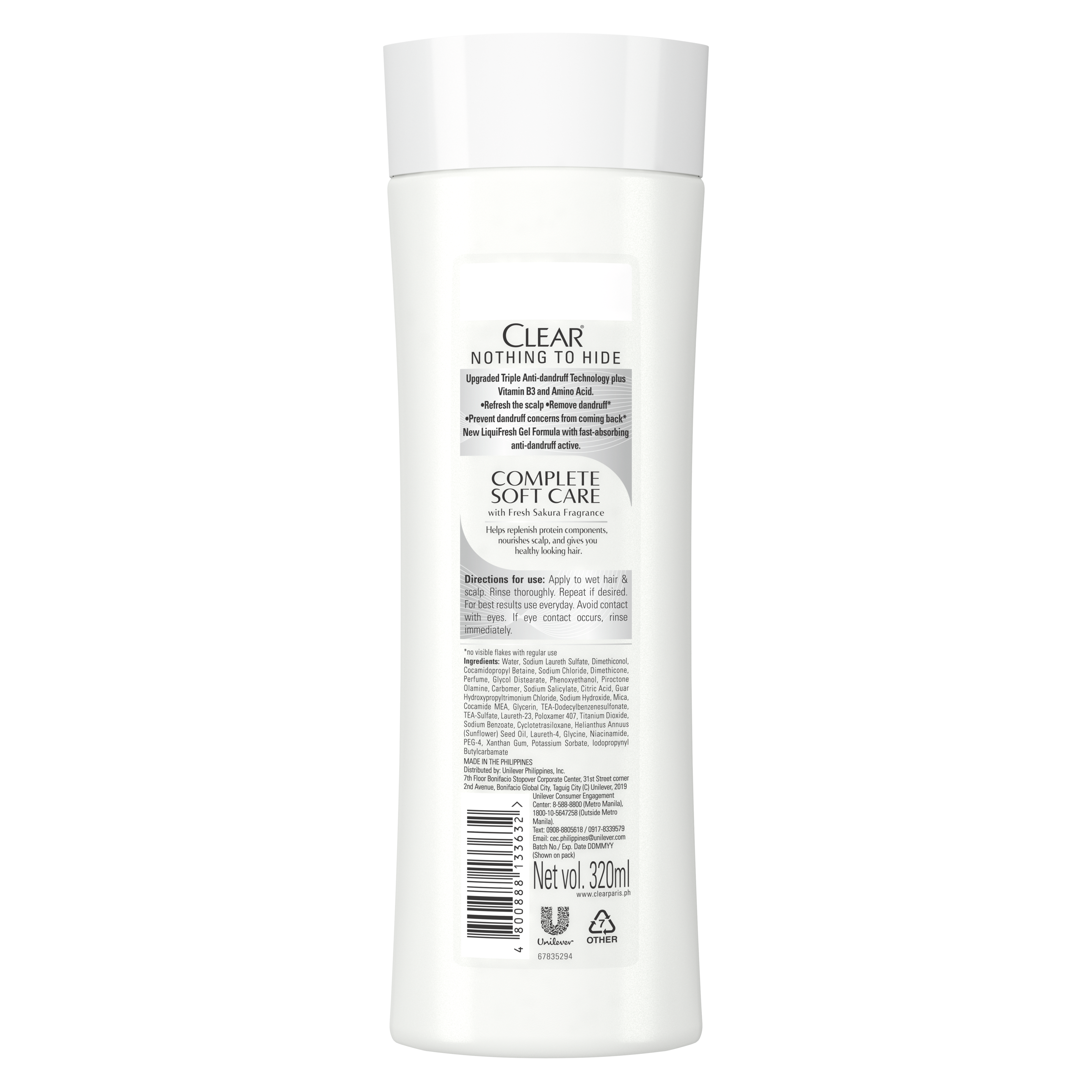 Back of shampoo pack  Clear Complete Soft Care Anti dandruff Shampoo 320ml Text