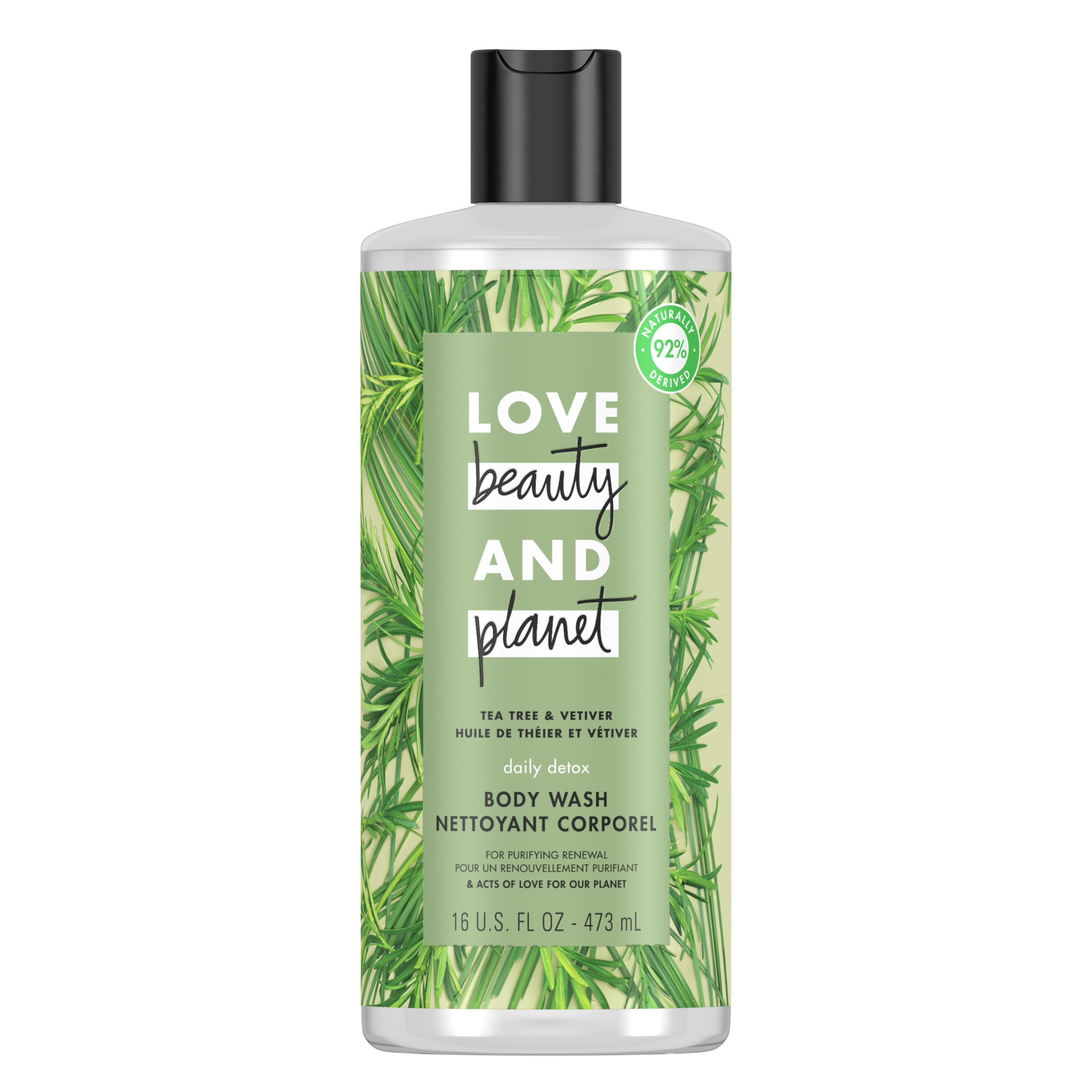 Front of body wash pack Love Beauty Planet Tea Tree & Vetiver Body Wash Daily Detox 16oz