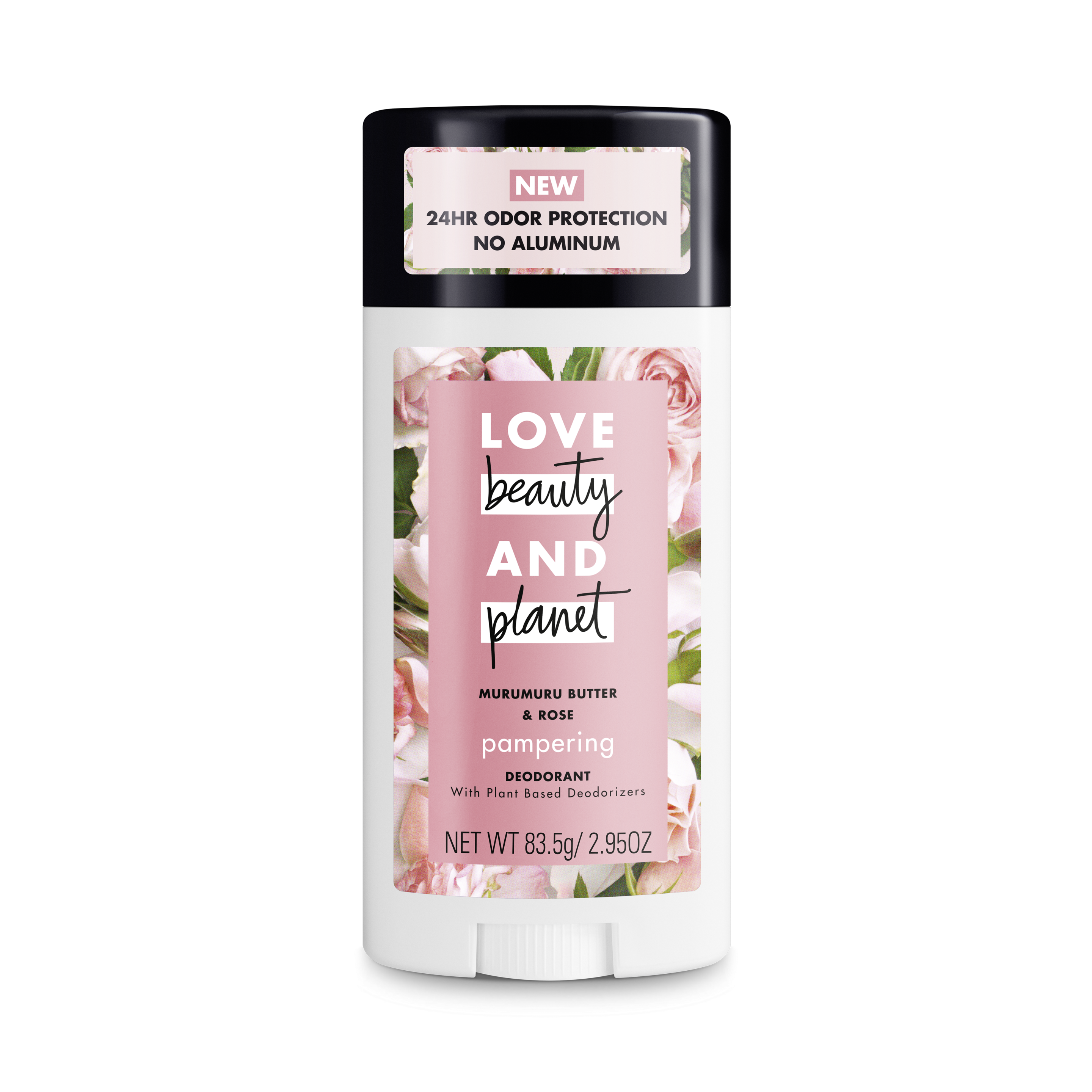 Frente da embalagem do desodorante Love Beauty and Planet manteiga de murumuru & rosa 83.5