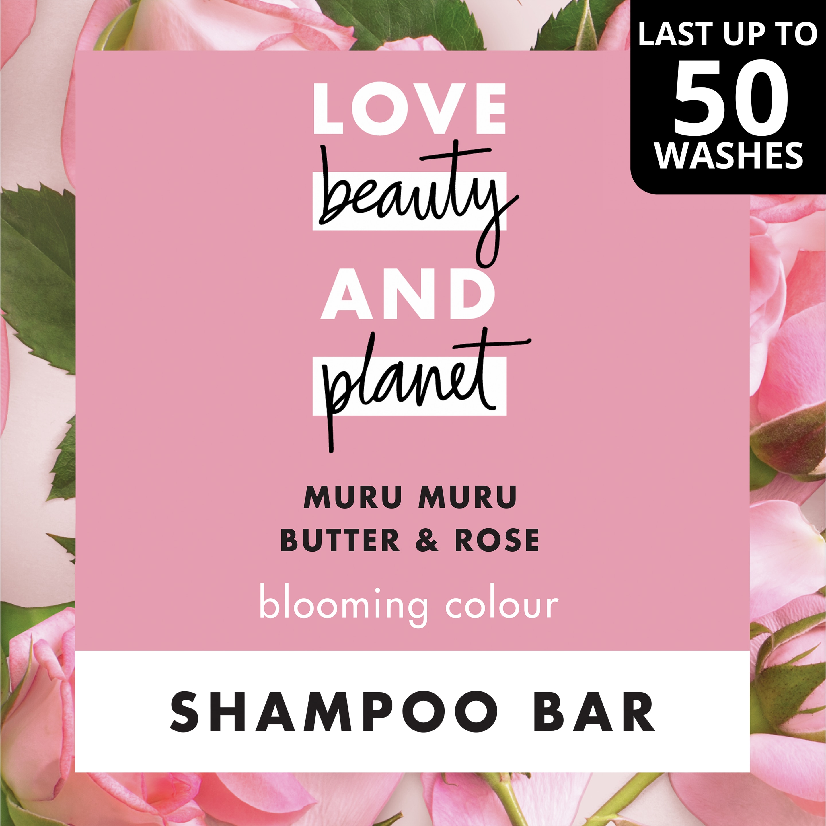 Voorkant Love Beauty and Planet Muru Muru Butter & Rose Shampoo Bar met een frisse geur van handgeplukte Bulgaarse rozenblaadjes Blooming Colour verrijkt met Muru Muru Butter voor een levendige haarkleur