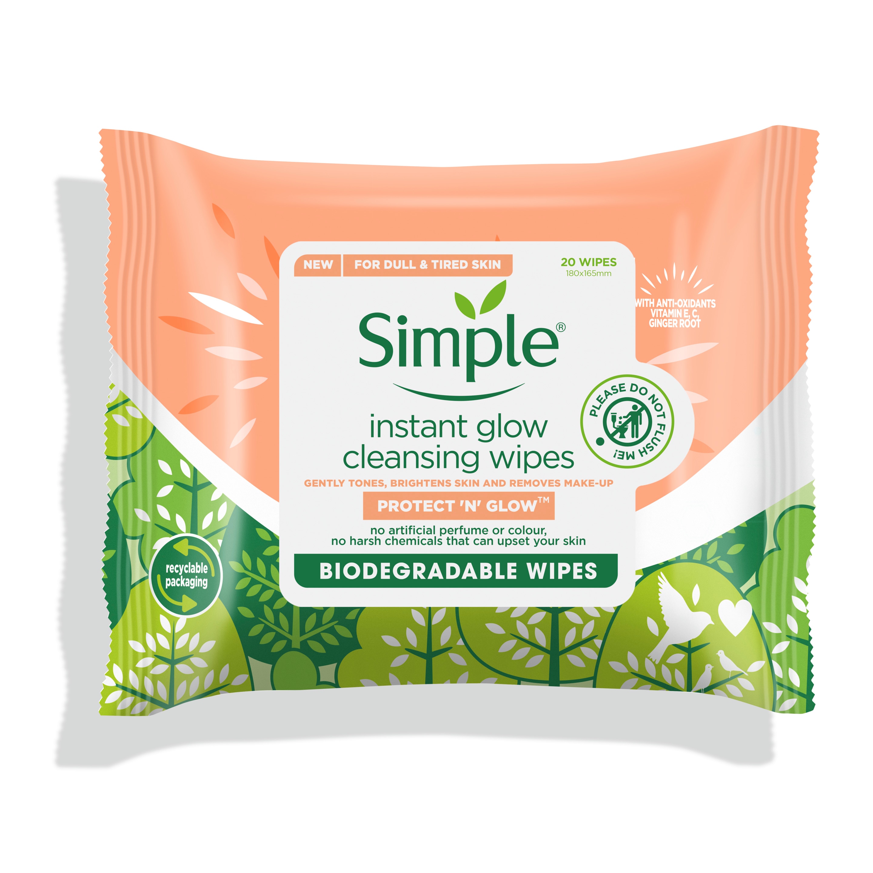 Packs of Simple Facial Cleansing Wipes against a green background