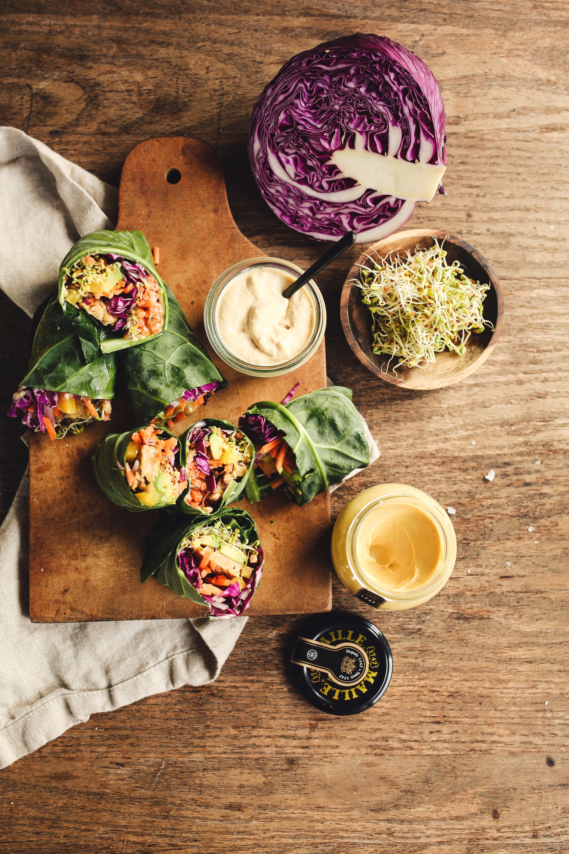 Rainbow Collard Wraps with Maille Dijon Tahini Sauce