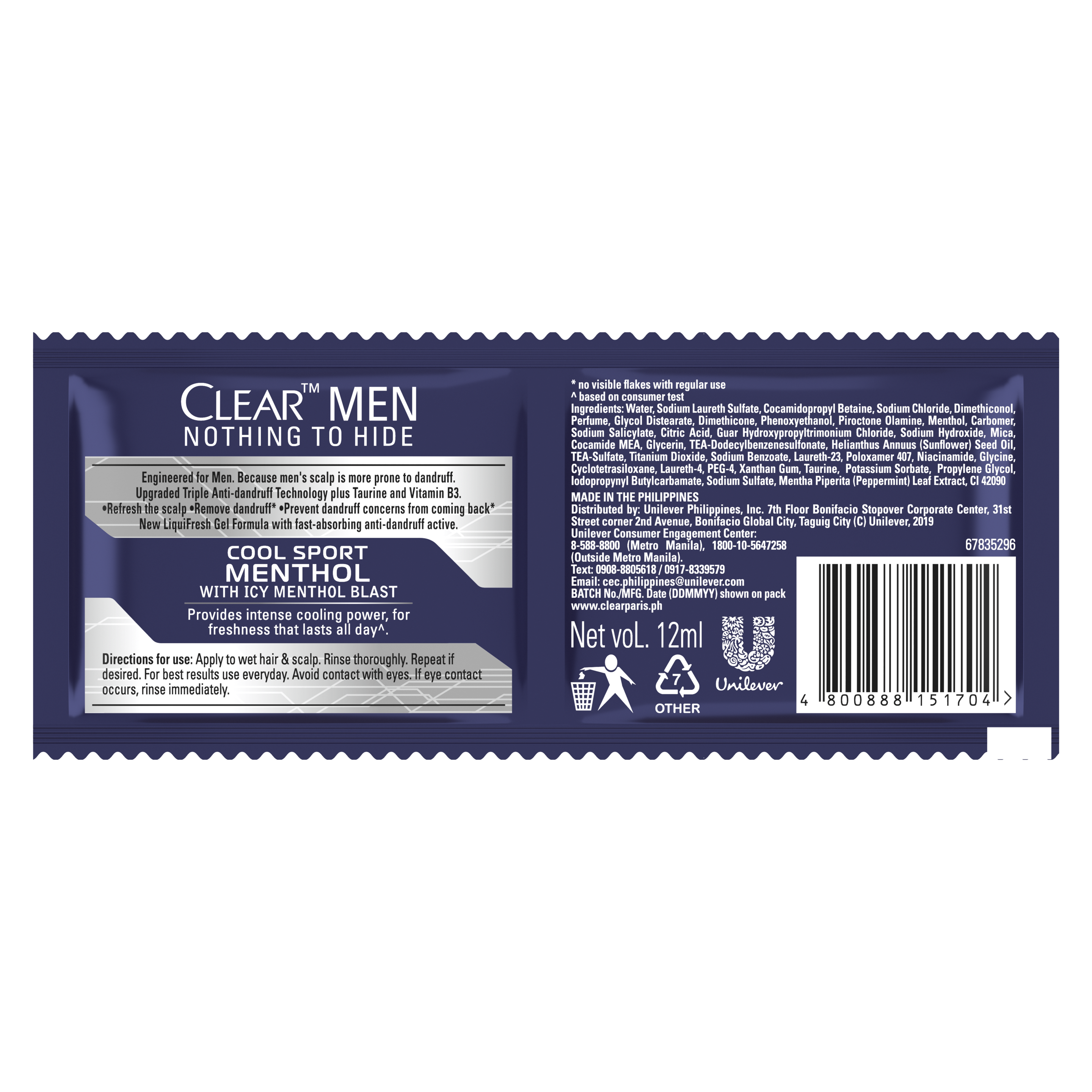 Back of shampoo pack Clear Cool Sport Menthol Anti dandruff Shampoo 12ml Text