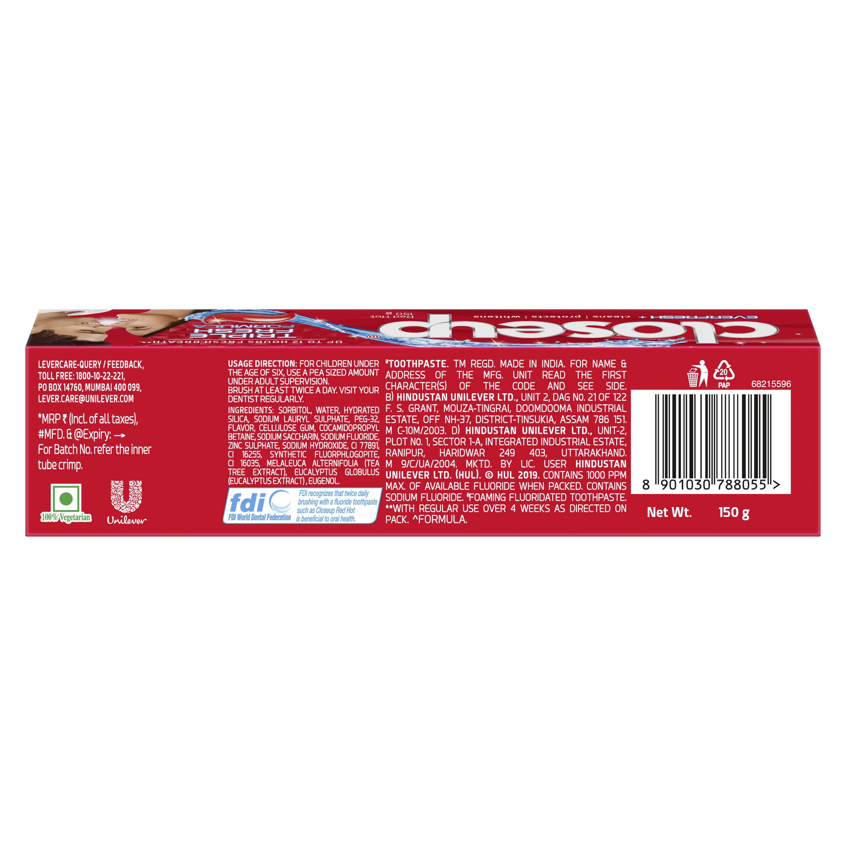 Closeup Triple Fresh Formula Anti-Germ Gel Toothpaste Red Hot 150g back of pack