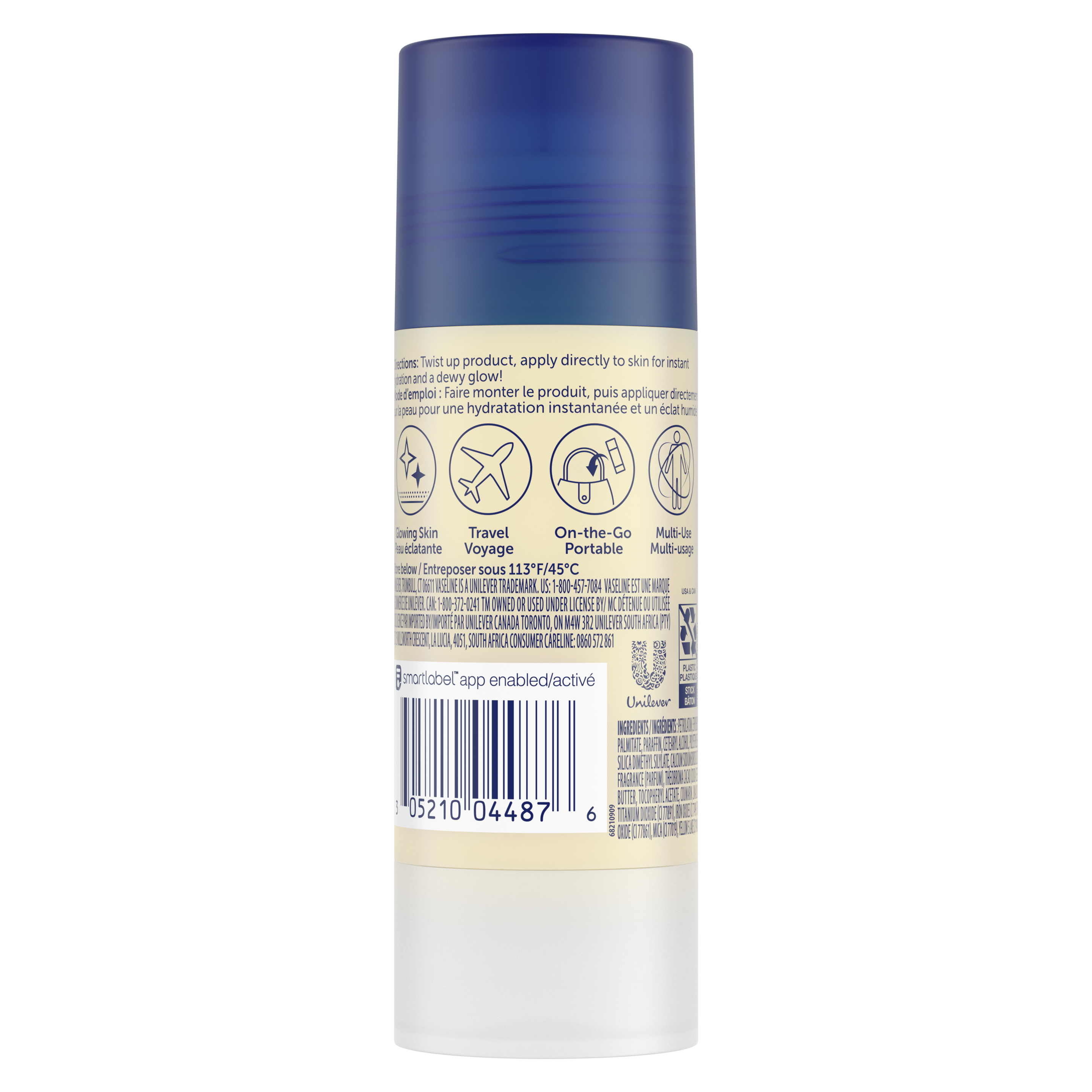 Vaseline® Cocoa Shimmer Jelly Stick back of pack, Vaseline Shimmer Stick, Vaseline Stick Shimmer