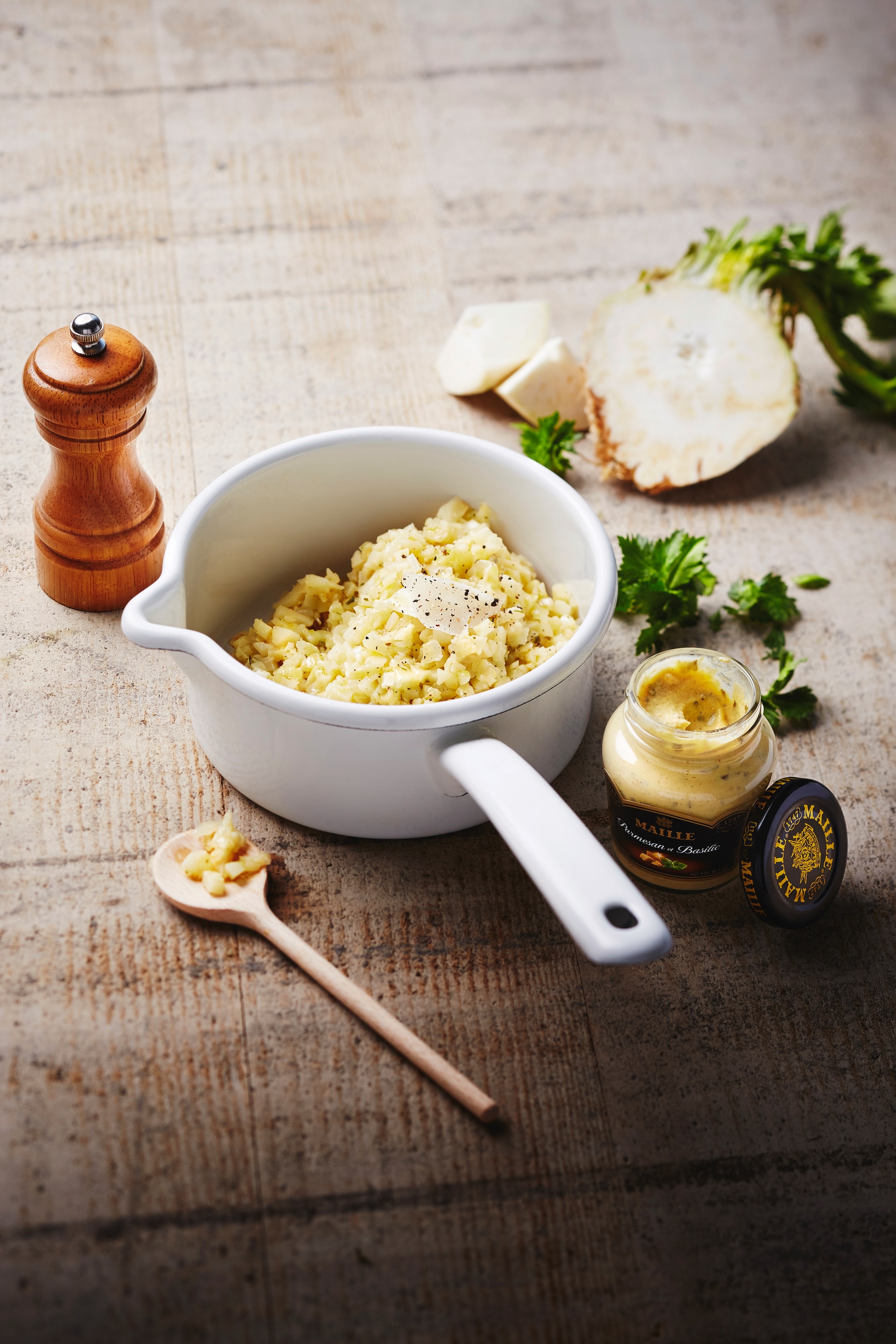 Celeriac Risotto and Parmesan and Basil Mustard