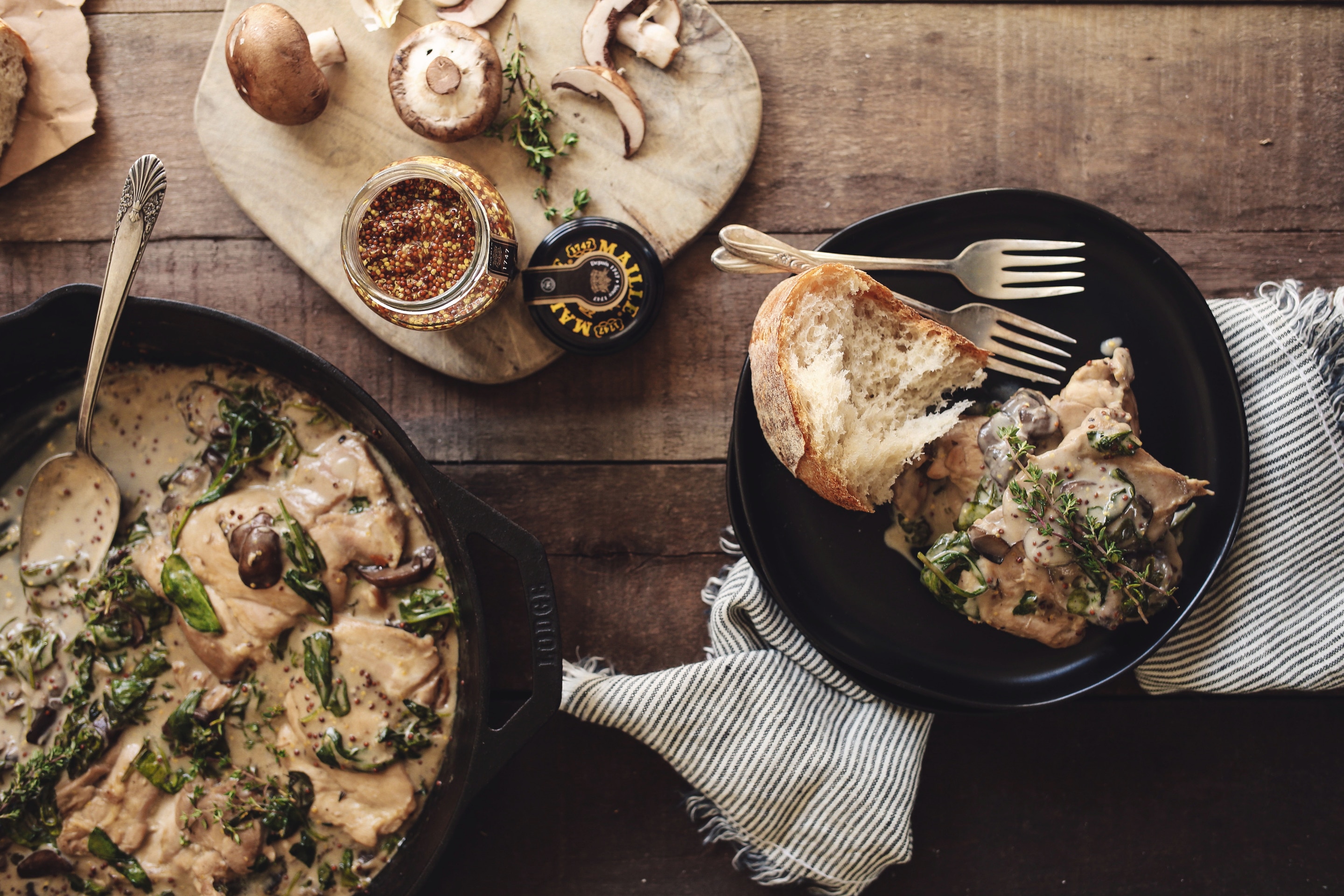 Skillet Chicken with Creamy White Wine, Mushroom and Spinach Sauce