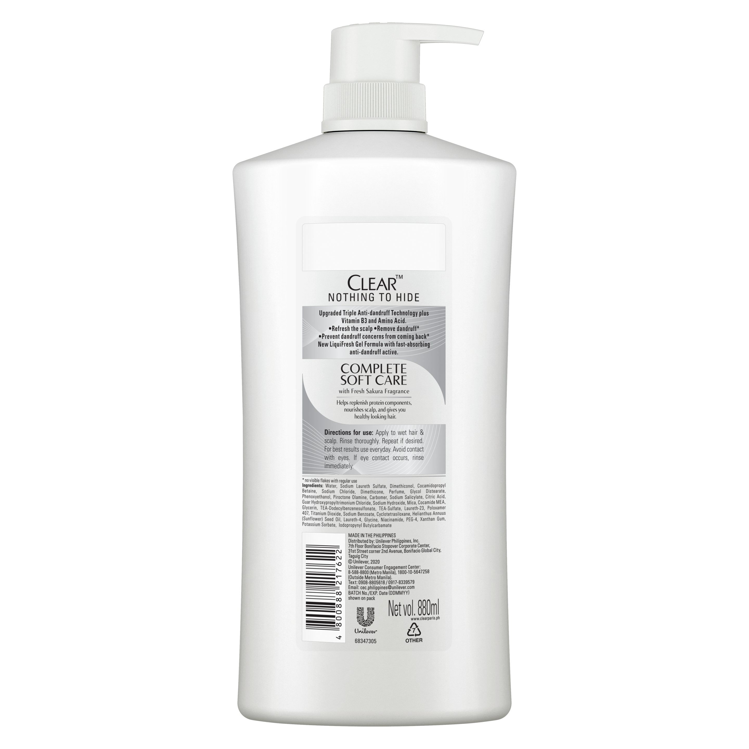 Front of shampoo pack Clear Complete Soft Care Anti dandruff Shampoo 880ml