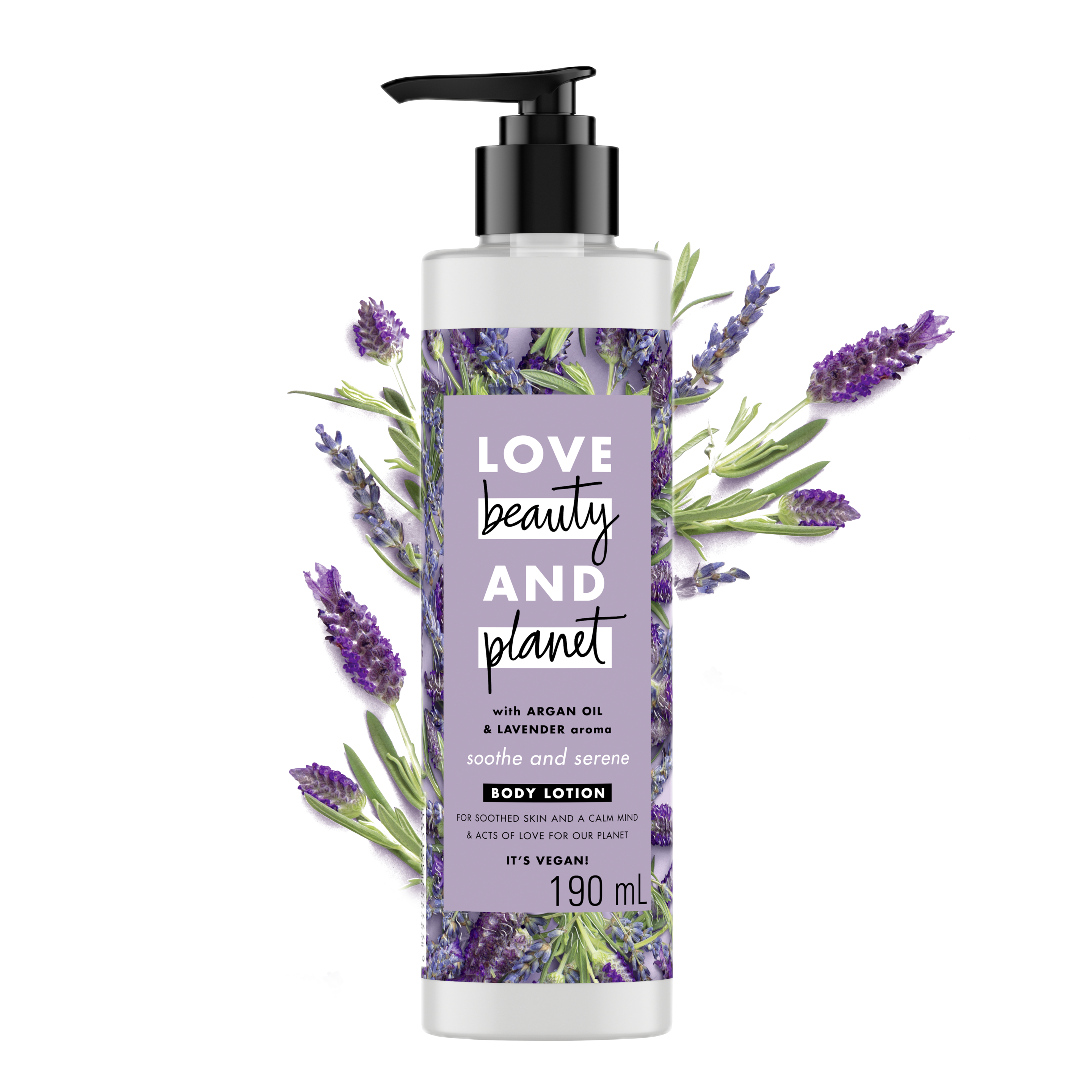 Tampak depan kemasan Love Beauty and Planet Argan Oil & Lavender Body Lotion ukuran 200 ml