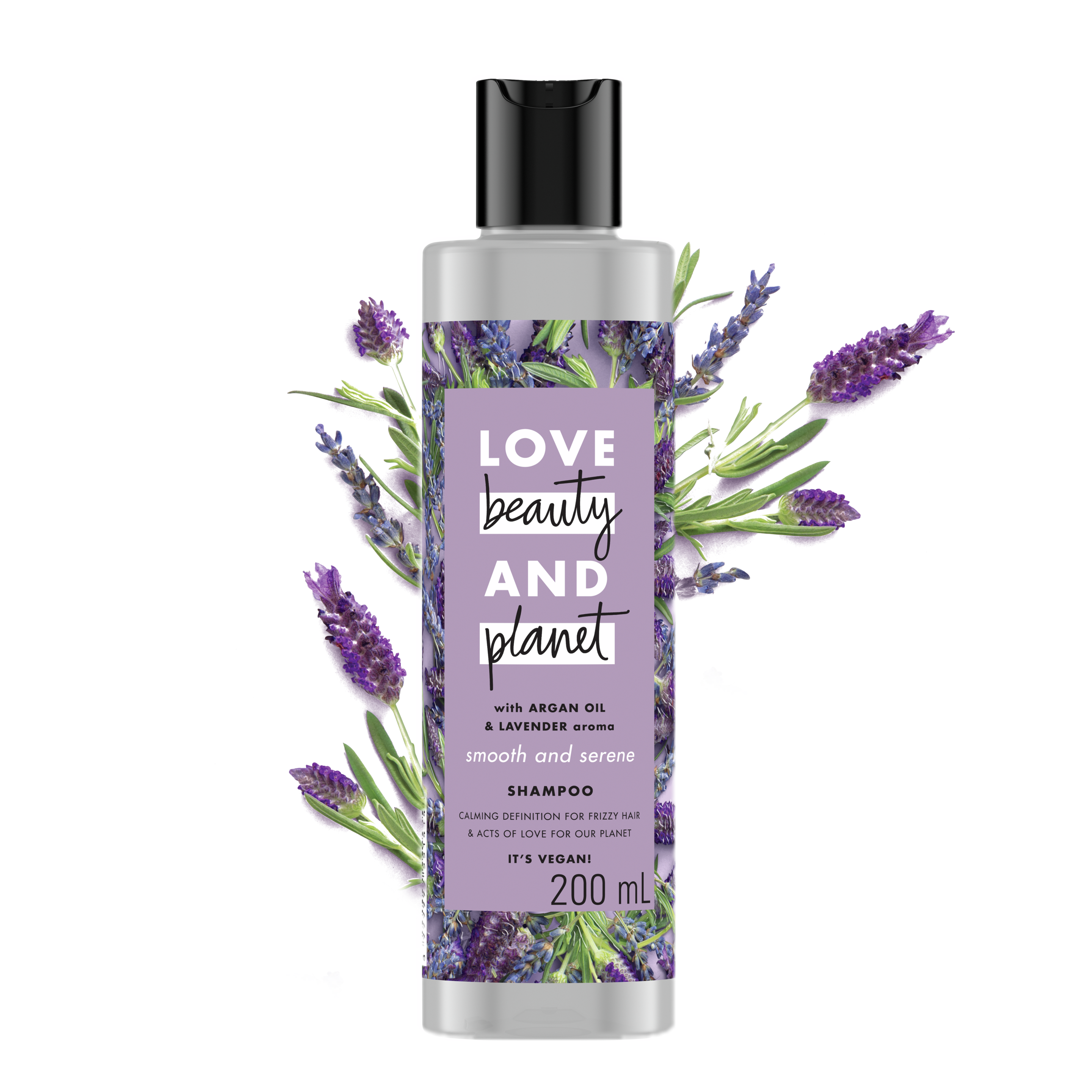Tampak depan kemasan Love Beauty and Planet Argan Oil & Lavender Shampoo ukuran 200 ml