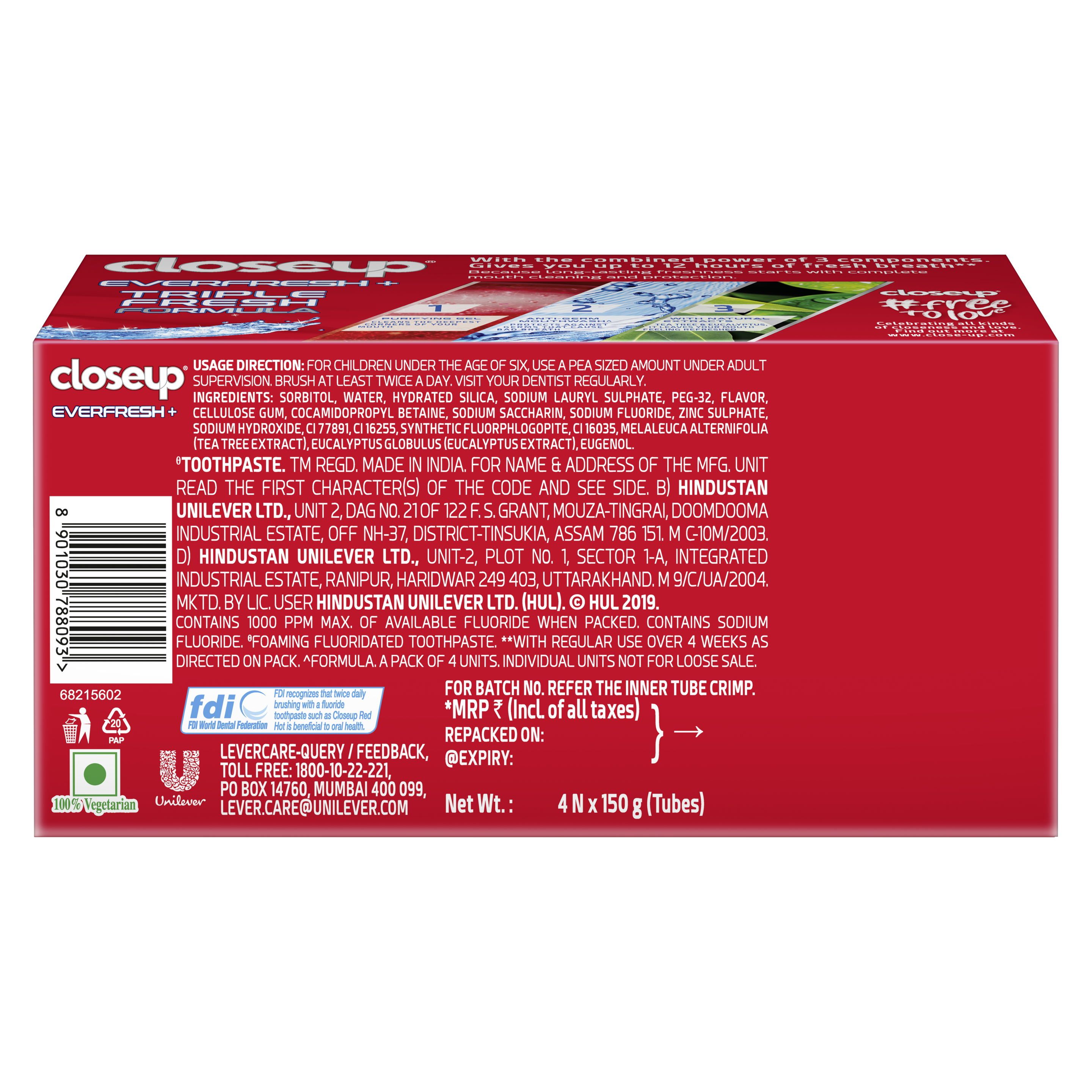 Closeup Triple Fresh Formula Anti-Germ Gel Toothpaste Red Hot 600g back of pack
