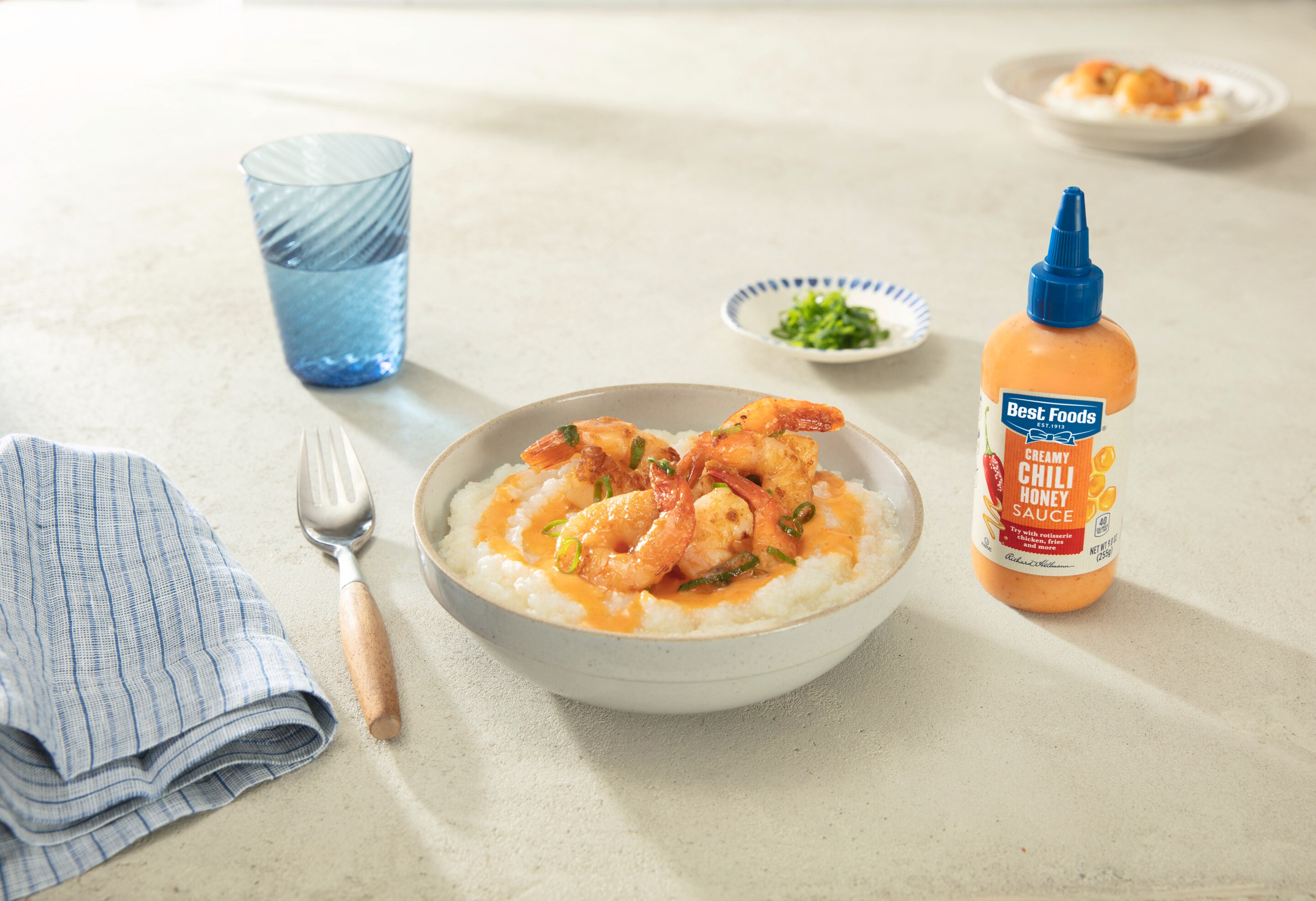 chili honey sauce on shrimp and grits