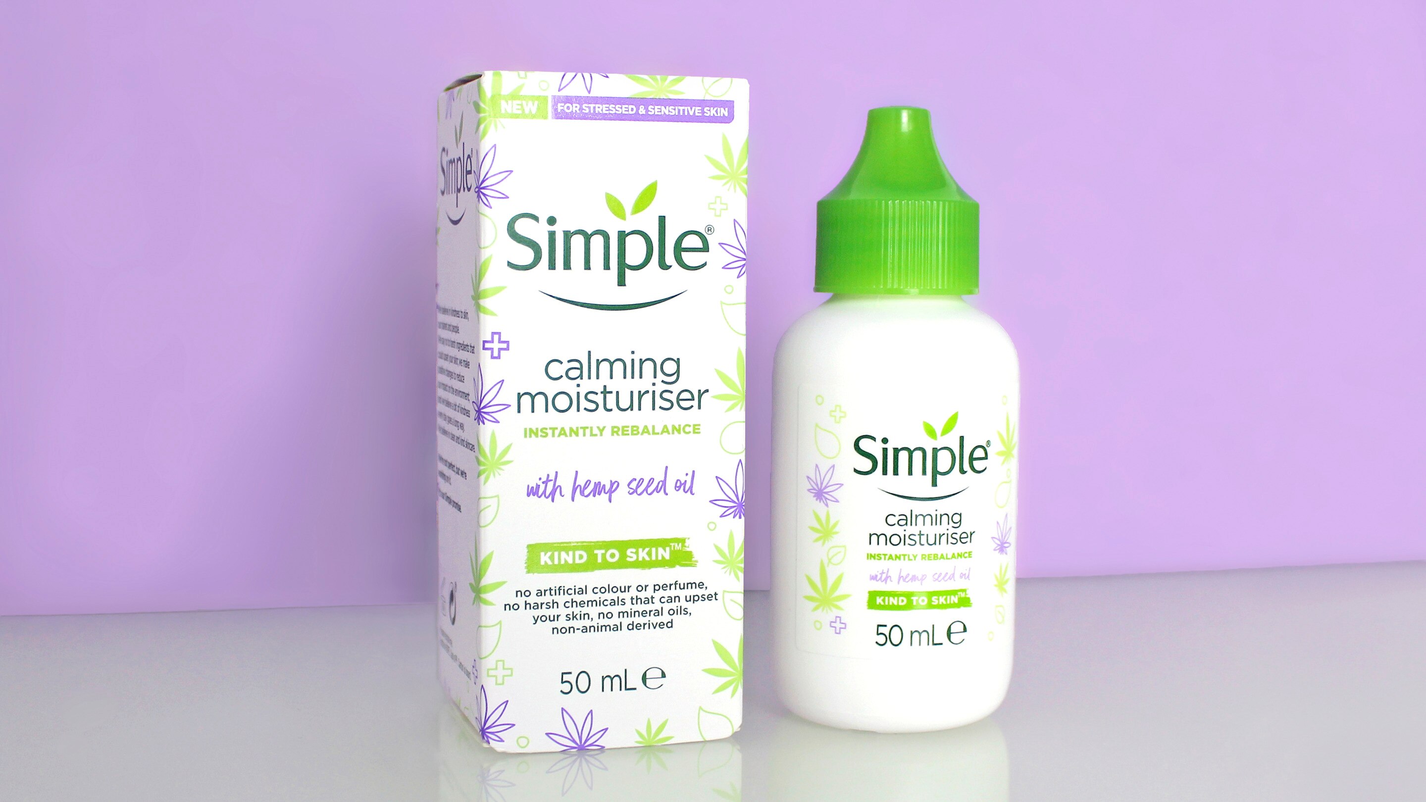 Simple calming moisturiser against a purple background