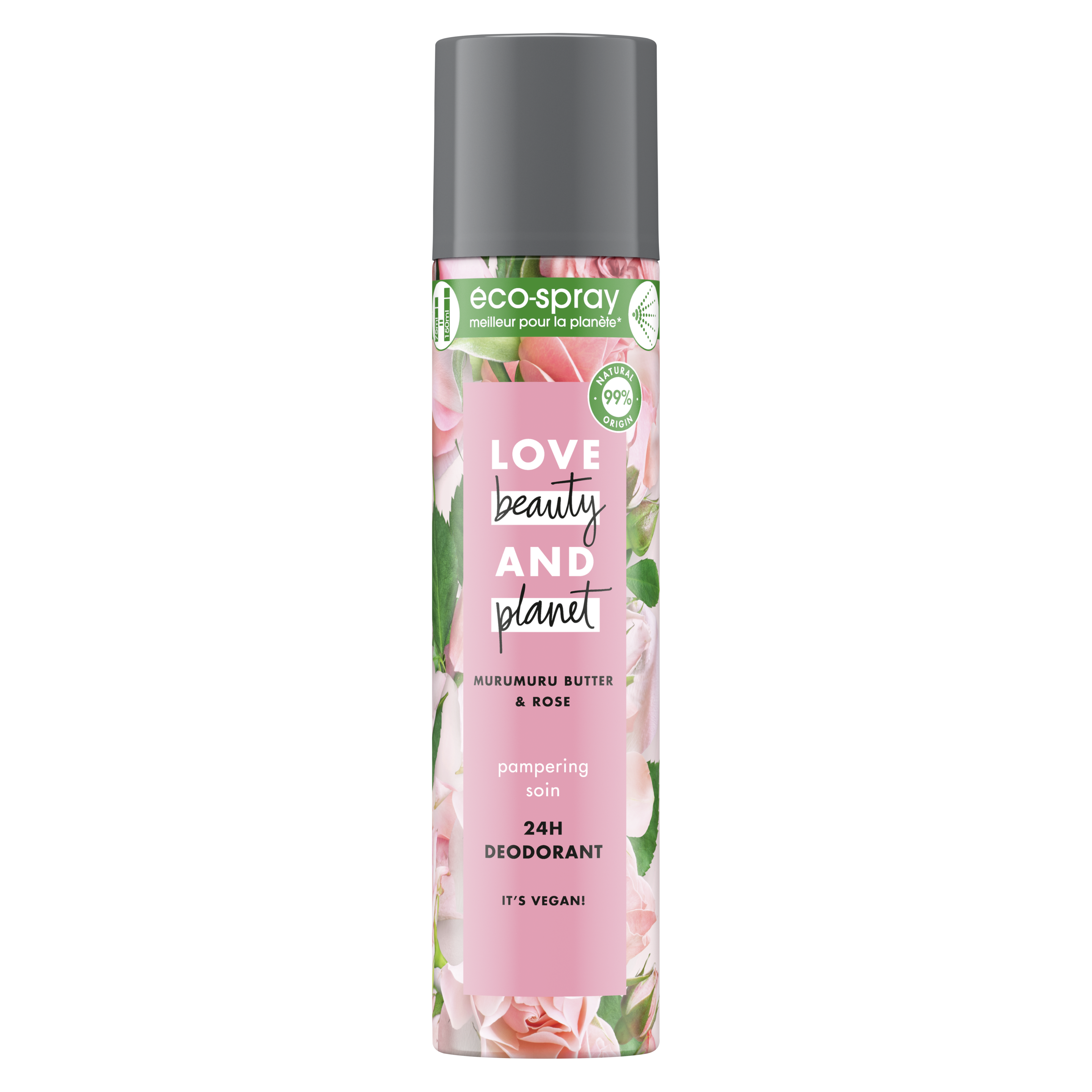 Voorkant verpakking Love Beauty and Planet Muru Muru Butter & Rose Deodorant verrijkt met muru muru butter en rozenblaadjes Pampering Eco-spray
